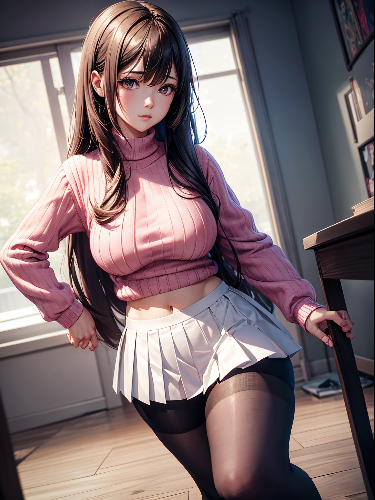 ((Browsing Caution:1.4, masterpiece, highest quality, High resolution, 超High resolution, Perfect Pixel, Depth of written boundary, 4K, RTTX 10.0, High resolution))), (One girl:1.3), Beautiful Anime Girls, Beautiful art style, Anime characters, ((Long Hair, bangs, Dark brown hair, ponytail)), ((Beautiful eyelashes)), ((Detailed face, Blushing:1.2)), ((Smooth texture:0.75, Realistic texture:0.5, Anime CG Style)), Perfect body, Slender body, (Adult woman climbing the stairs), (sweater:1.2), (Checkered pleated skirt:1.2), Angle from the front, Station stairs, (Lift up your skirt yourself:1.2), ((Stylish pink satin panties with gorgeous decorations:1), (Pink base with white lace side-tie panties)), Beautiful thighs, Embarrassed look