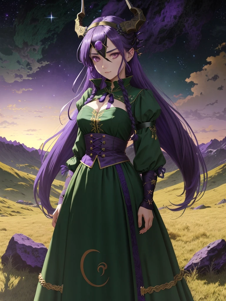 An anime style maiden with two dragonic twisted horns on her head in green historical European style clothes wearing a grey blindfold facing towards the purple-black sky filled with vibrant stars at night while standing in a grassland having her right hand towards the sky.