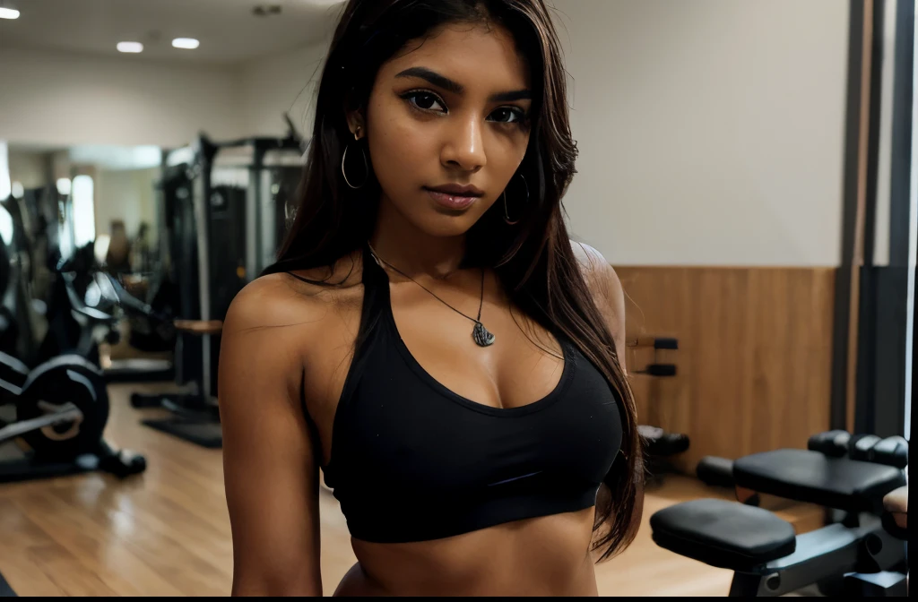 (extremely detailed), iPhone full body photo of a 22-year-old Sri Lankan woman named Kasuni, long dark hair, dark skin, black eyes, athletic feminine features, iPhone 15 PRO, ultra quality, sharp focus, tack sharp, photorealistic, detailed skin pores, detailed fingers, oiled skin, mid-sized breast, subtle tattoos on arms and thighs, intricate eye detail, standing, posing towards the camera inside a gym, legs with high sneakers, a vibrant simple necklace, colorful big sports wrist bands, tiny earrings, solid glossy black color gym outfit.