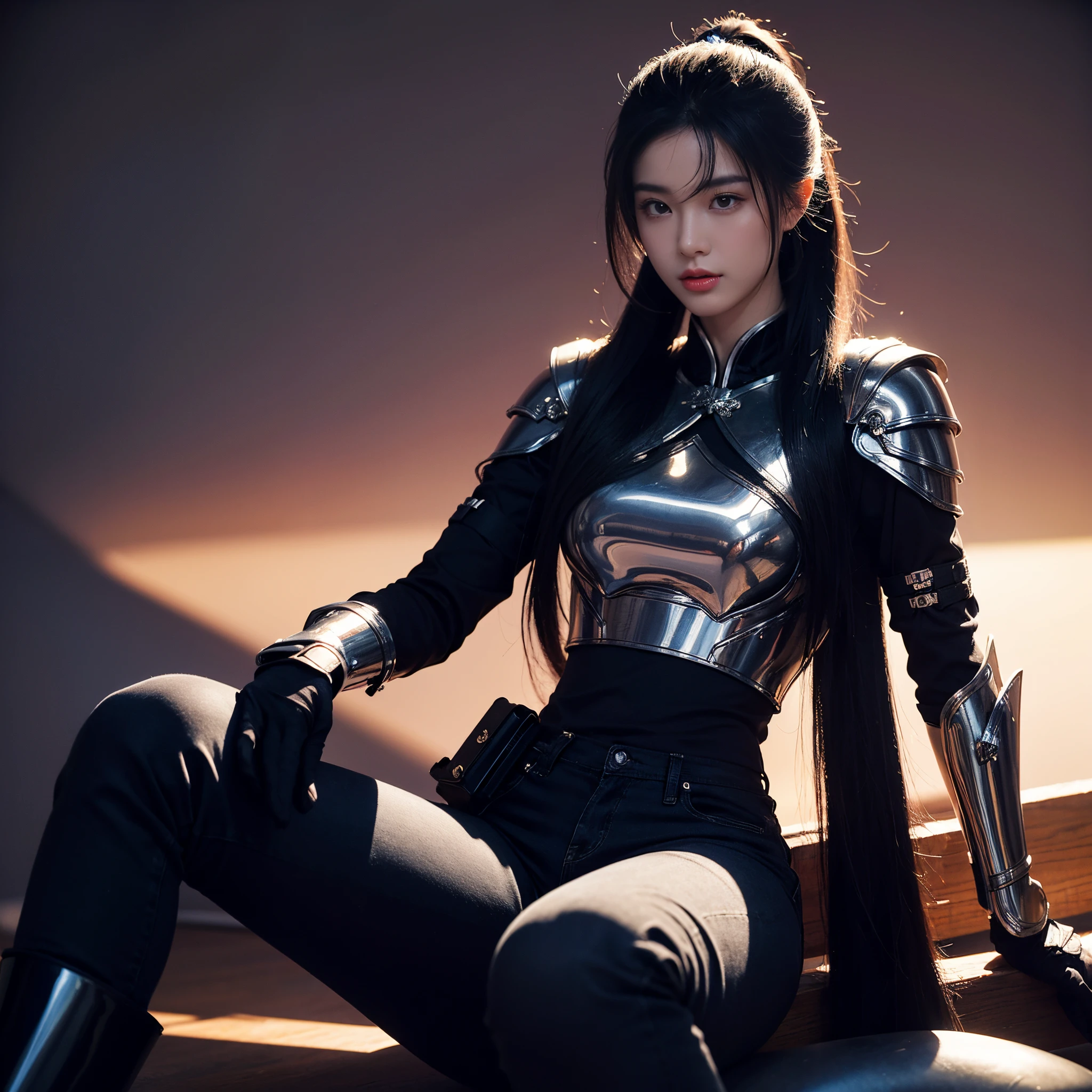 Chinese woman,binh,20yr old, Handsome and sexy,black soldier costume,joint armor,Black Jeans,Black boots,DAY TIME,Sit sideways,Keep your mouth shut,Calm and indifferent, Detailed body, Detailed faces, oily body, Elegant, hyper realisitc, Handsome and charming, heroic look, long ponytail hairstyle,With long bangs,Amazing amount of hair,Flowing hairstyle,ambientlighting,detailedbackground,Volumetriclighting,cellshading,8K