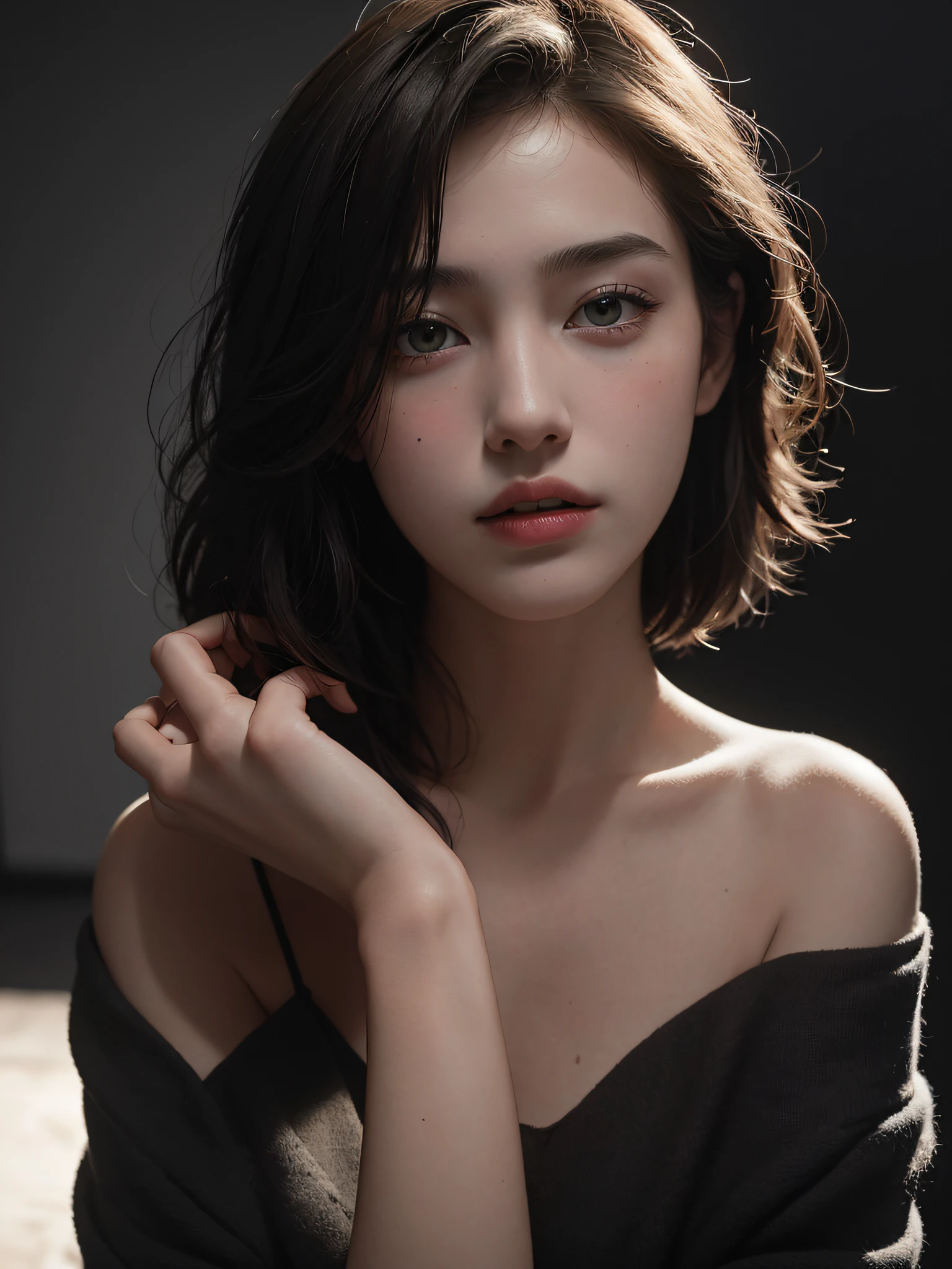 Best quality, masterpiece, ultra high res, (photorealistic:1.5), raw photo, 1girl, offshoulder, in the dark, deep shadow, low key, cold light, sexy look, short hair,no bra,free,sexy,,
