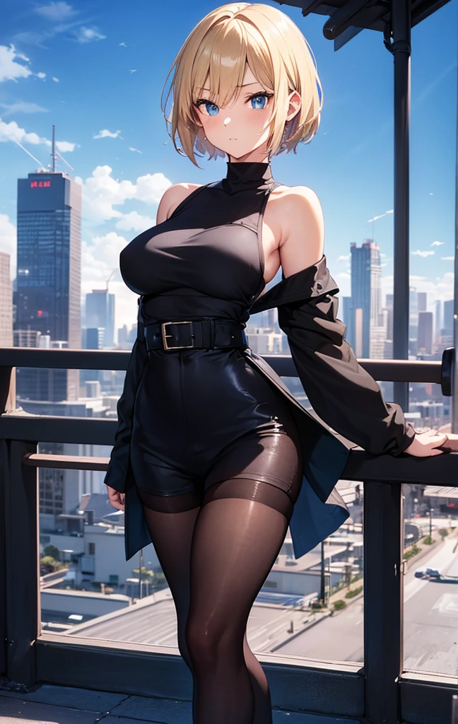 An ultra-high picture quality,2D Anime Style、Beautiful blue eyes,(Talented lo-fi:1.3),breasts are slightly larger、short blond hair,A cool adult woman with a clear expression,Casual Fashion,Black tops,Black shorts,Wear black tights,Wear high heels,Wear a long black coat,walking in city,European-style cityscape,