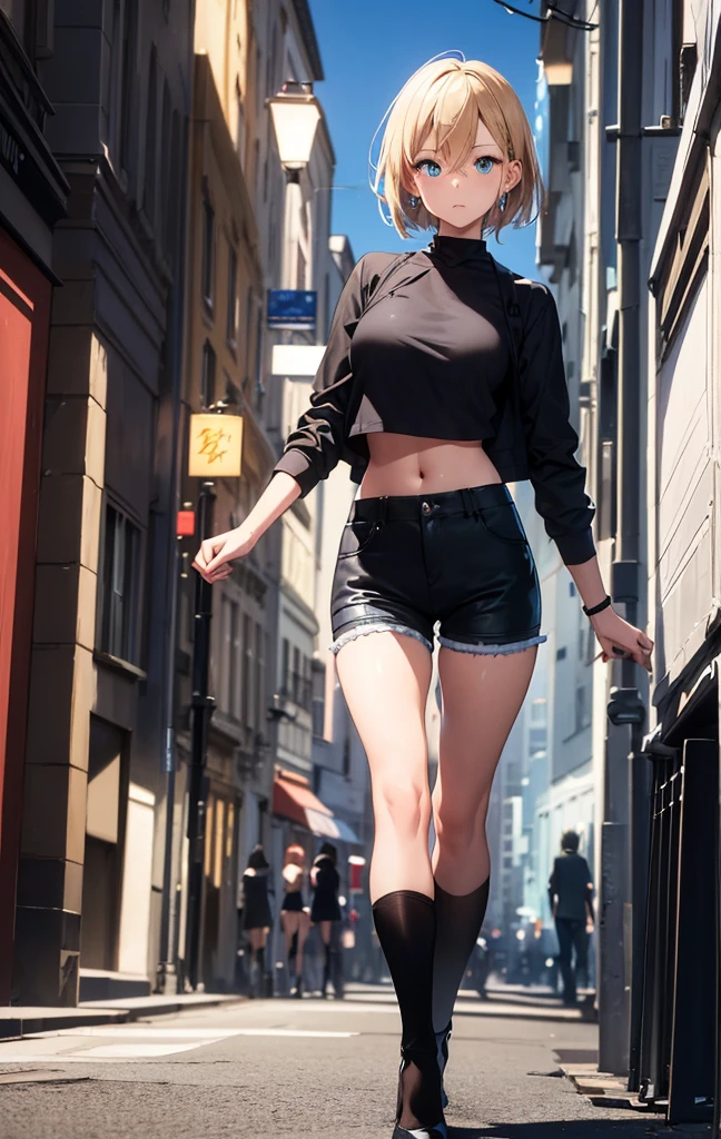An ultra-high picture quality,2D Anime Style、Beautiful blue eyes,(Talented lo-fi:1.3),breasts are slightly larger、short blond hair,A cool adult woman with a clear expression,Casual Fashion,Black tops,Black shorts,Wear black tights,Wear high heels,Wear a long black coat,walking in city,European-style cityscape,