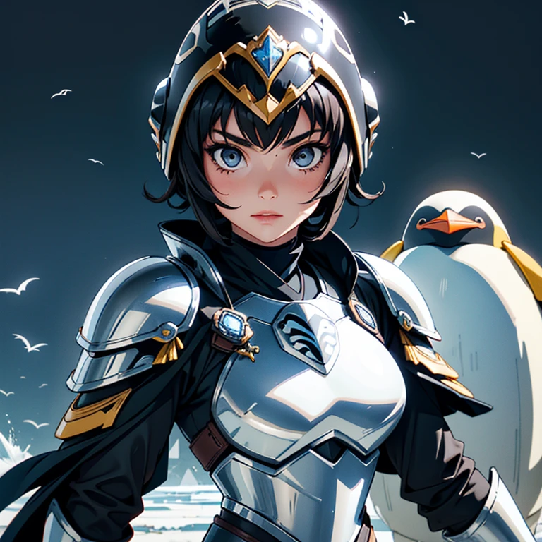 A woman wearing a Penguin armor, , Saint Seiya, penguin black and white Armor, penguin helmet, Dark hair, short hair, , Charismatic character, Avatar de seconde vie, Nice screenshot, Femme seduisante vue complète du corps, High quality, very detailed skin