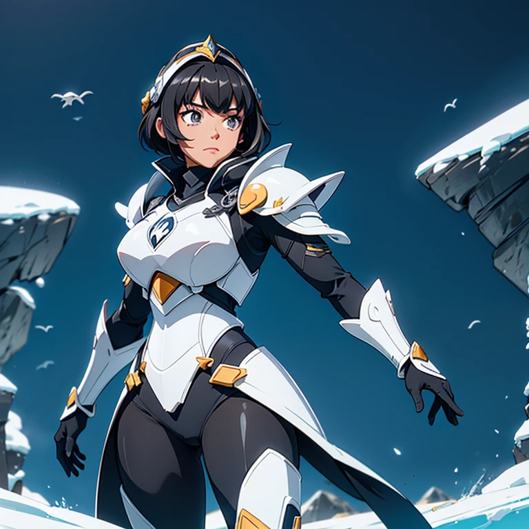 A woman wearing a Penguin armor, , Saint Seiya, penguin black and white Armor, penguin helmet, Dark hair, short hair, , Charismatic character, Avatar de seconde vie, Nice screenshot, Femme seduisante vue complète du corps, High quality, very detailed skin