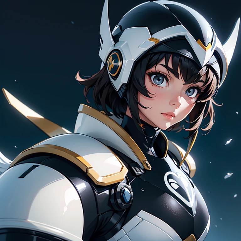 A woman wearing a Penguin armor, , Saint Seiya, penguin black and white Armor, penguin helmet, Dark hair, short hair, , Charismatic character, Avatar de seconde vie, Nice screenshot, Femme seduisante vue complète du corps, High quality, very detailed skin