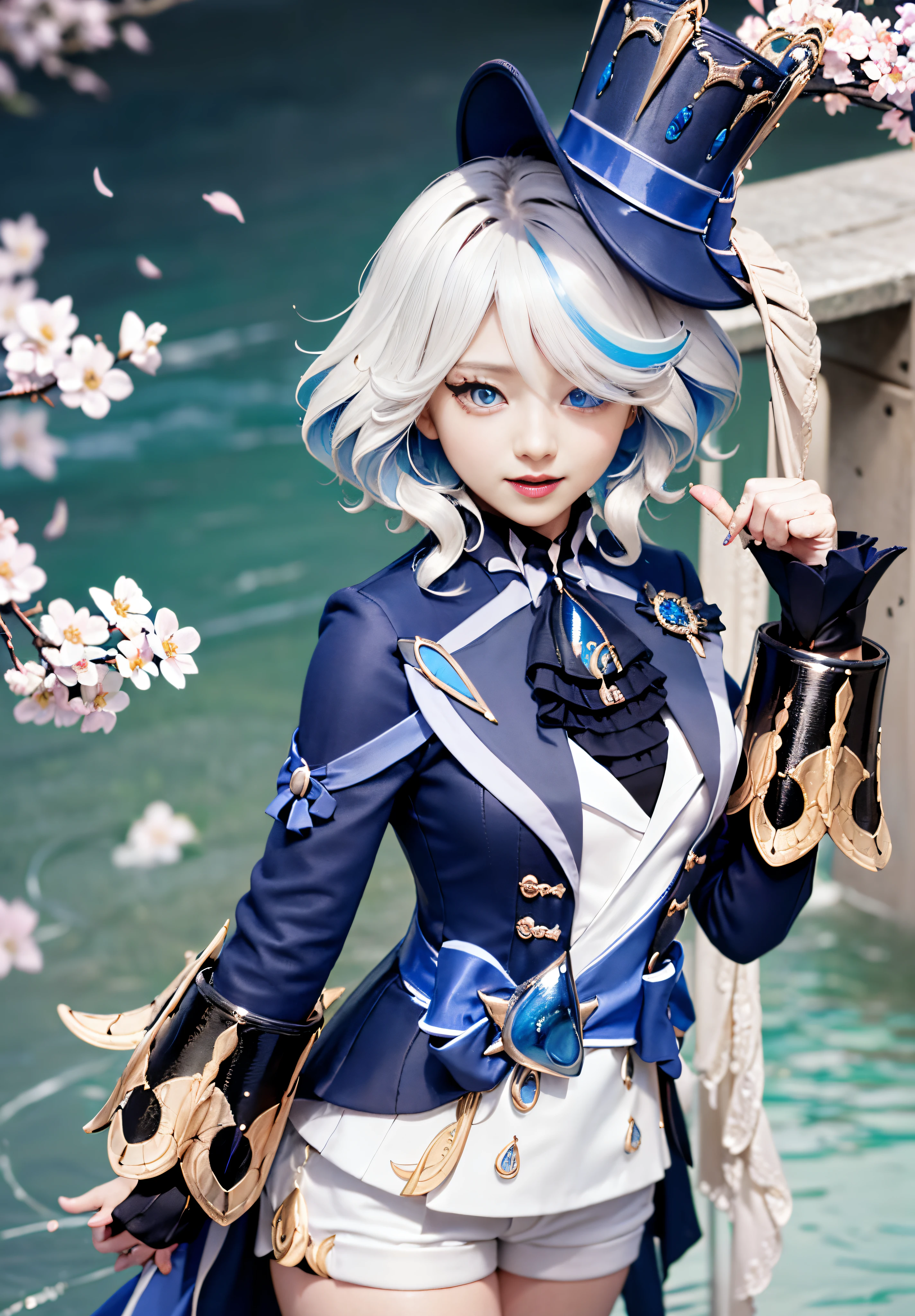 masterpiece, best quality, <lora:Furina-mver:1>,1girl,hat,long hair,ahoge,multicolored hair,blue eyes,ascot,brooch,long sleeves, jacket,blue bow,gloves,white shorts, thigh strap,standing, smile,cane