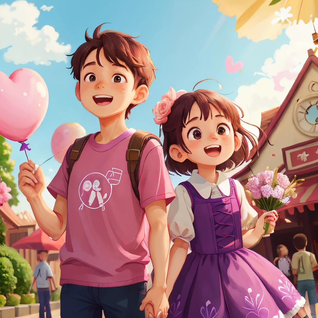 boy and girl，a couple，Heart of Love ，Holding flowers，Amusement park scene，many balloons,cheerfulness，Rejoice，Perfect quality，Clear focus（clutter - home：0.8）， （tmasterpiece：1.2） （realisticlying：1.2） （Bokeh） （best qualtiy） （detailedskin：1.3） （intricate-detail {Ikko） （8K） （detailedeyes） （Sharp Focus）,（having fun）Color: pinkish purple