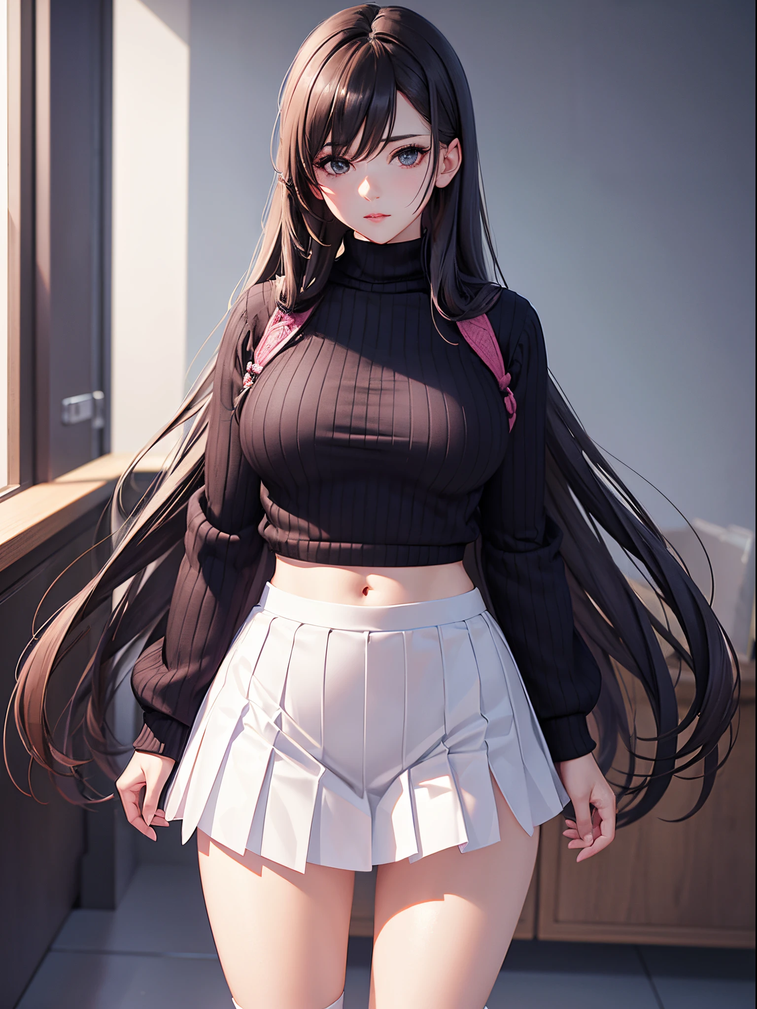 A woman wearing a pink sweater and a white pleated skirt, with black stockings on her legs, exposing her abdomen. She has a great figure, but her head is not visible. (best quality,4k,realistic),(best quality,4k,realistic)!!,[ 4K digital art ]!! perfect figure with realistic shadows, extremely detailed art style, realistic anime, by Shitao, popular topic on cgstation, casual posture, realistic anime 3D style