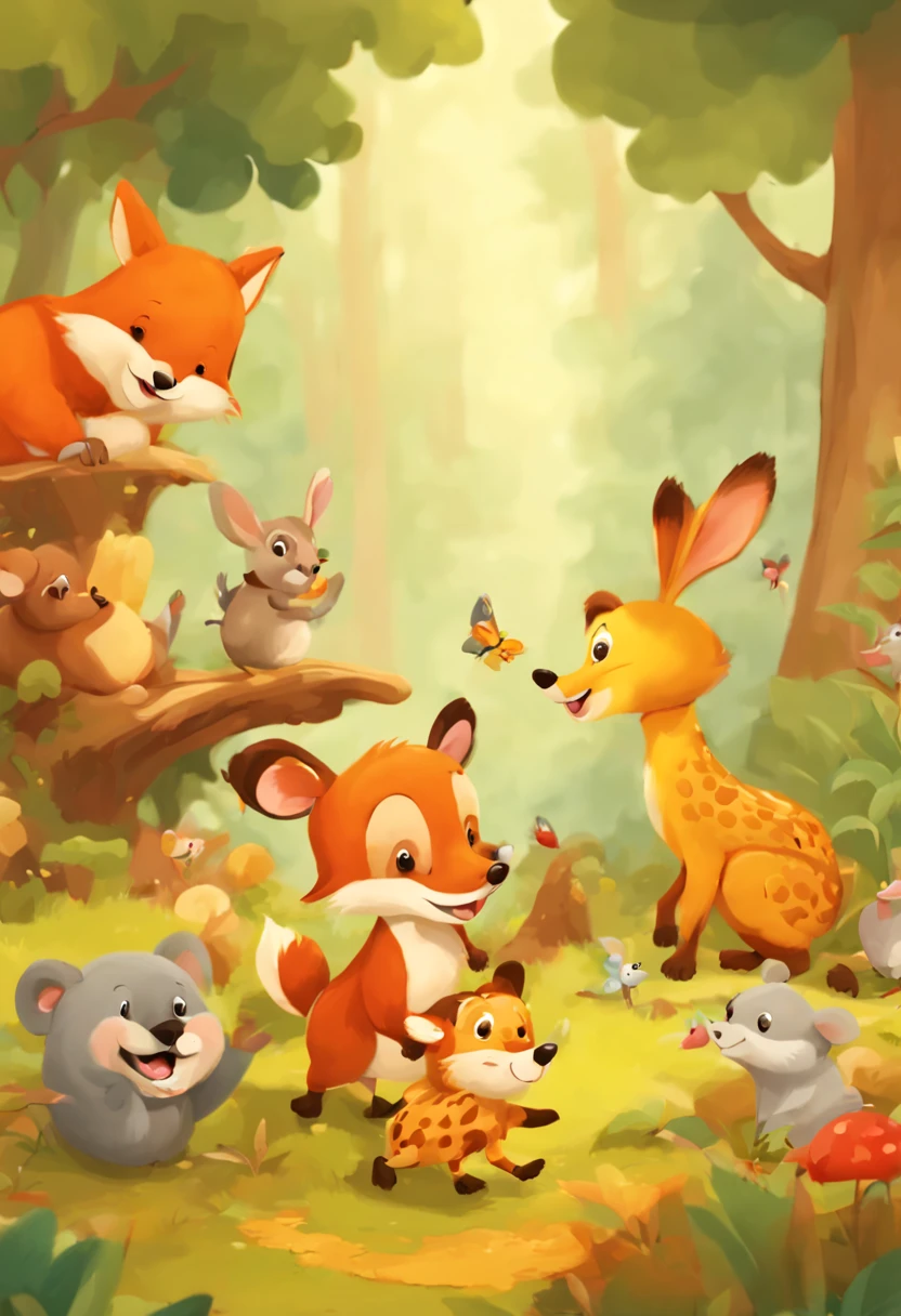 A group of cartoon animals playing in the forest,Children's illustration style， 16k, tmasterpiece, Studio quality