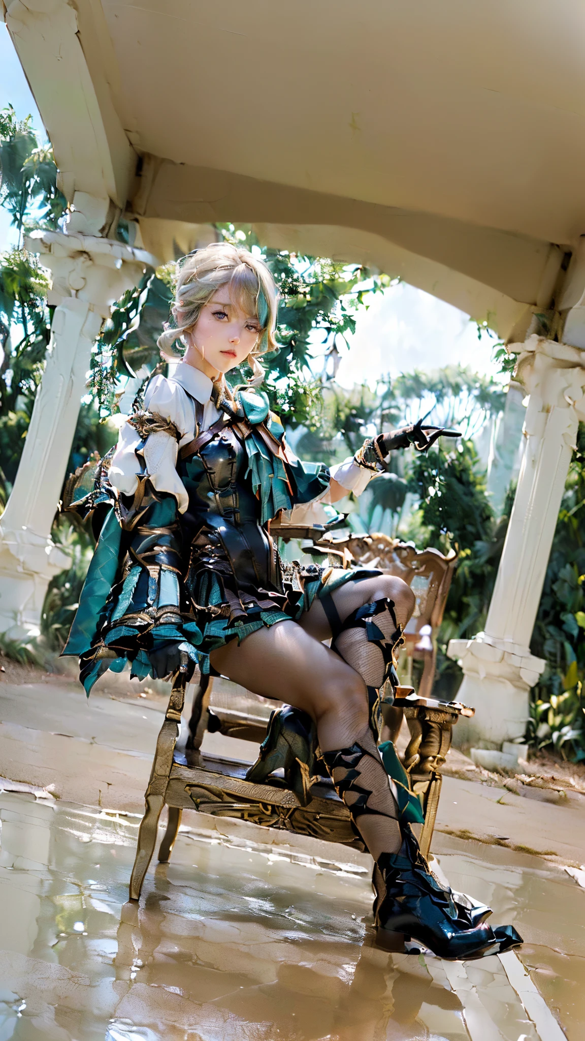 ((Lynette_Genshin Impact)),((realistic, photorealistic)),(highlight hair)), Light reflection, (( HD )), navel, detached sleeves,((upper body)), (((best quality, masterpiece))), there is a woman sitting on a luxurious chair, cosplay photo, anime cosplay, inspired by Lynette genshin impact,