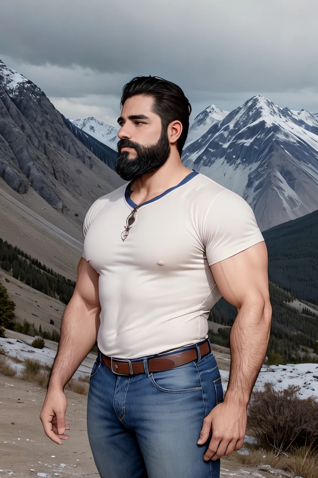 An illustration of a Greek god with a muscular build and a thick beard..........................., designed in modern western attire........................... Tiene una camisa blanca y jeans........................... His expression is confident and charming..........................., con un atisbo de sonrisa. The setting is a snowy mountain.........................., evoking a classic cold atmosphere, sin dejar de mantener el aura poderosa y regia del dios.