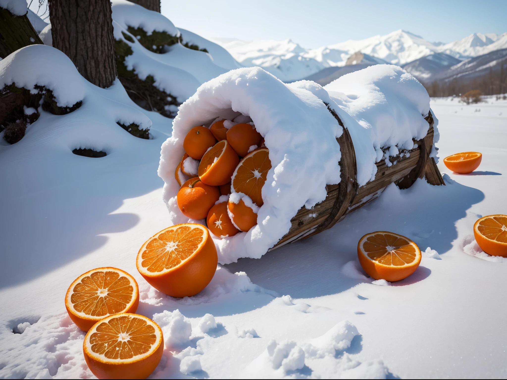 A big push of oranges in the snow,Scattered,A bunch of oranges,8K, Best quality, Masterpiece:1.2), (Photorealistic:1.4),Don't be characterized