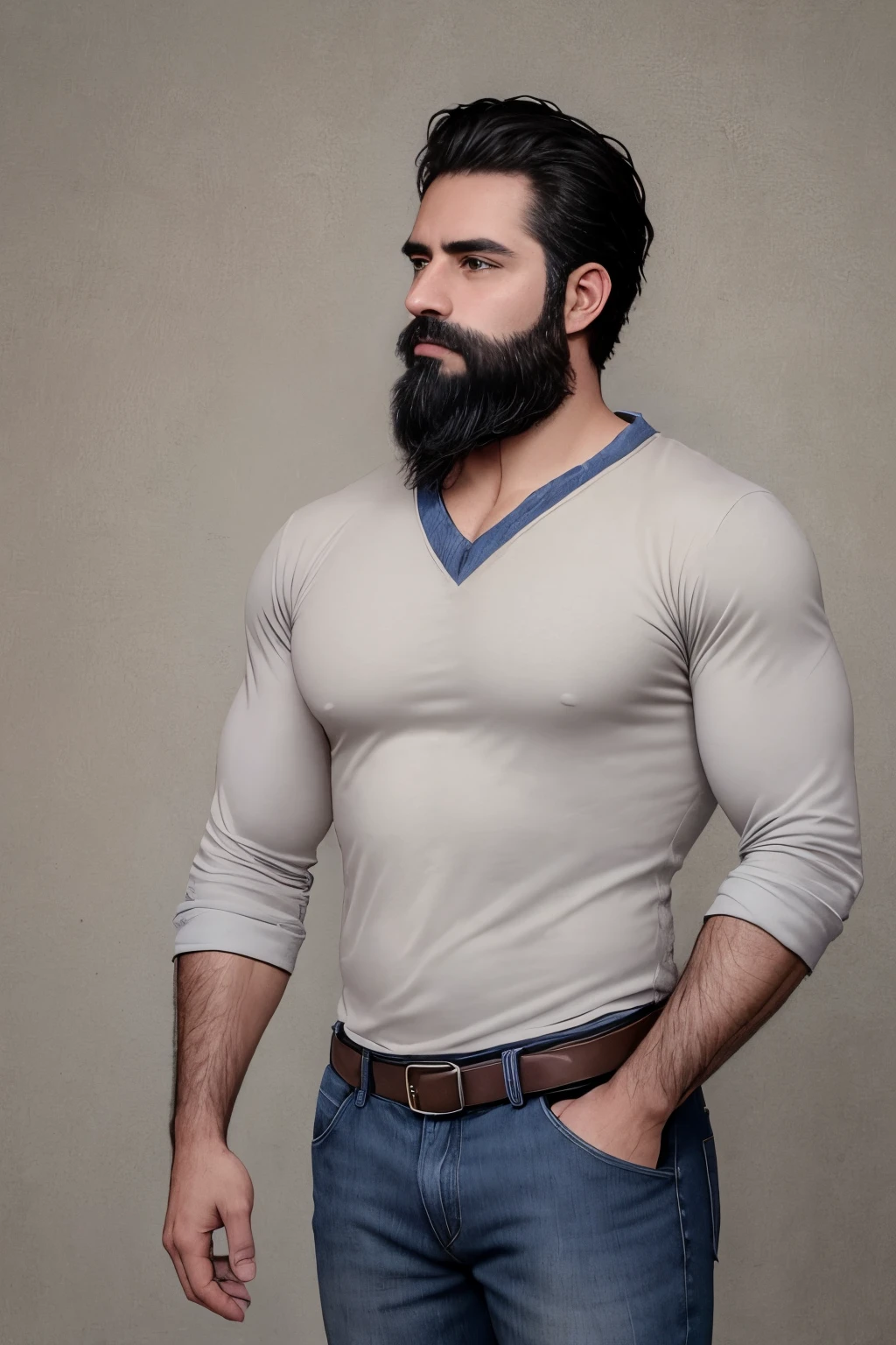 An illustration of a Greek god with a muscular build and a thick beard............................., designed in modern western attire............................. Tiene una camisa blanca y jeans............................. His expression is confident and charming............................., con un atisbo de sonrisa. The setting is a snowy mountain............................, evoking a classic cold atmosphere, sin dejar de mantener el aura poderosa y regia del dios.