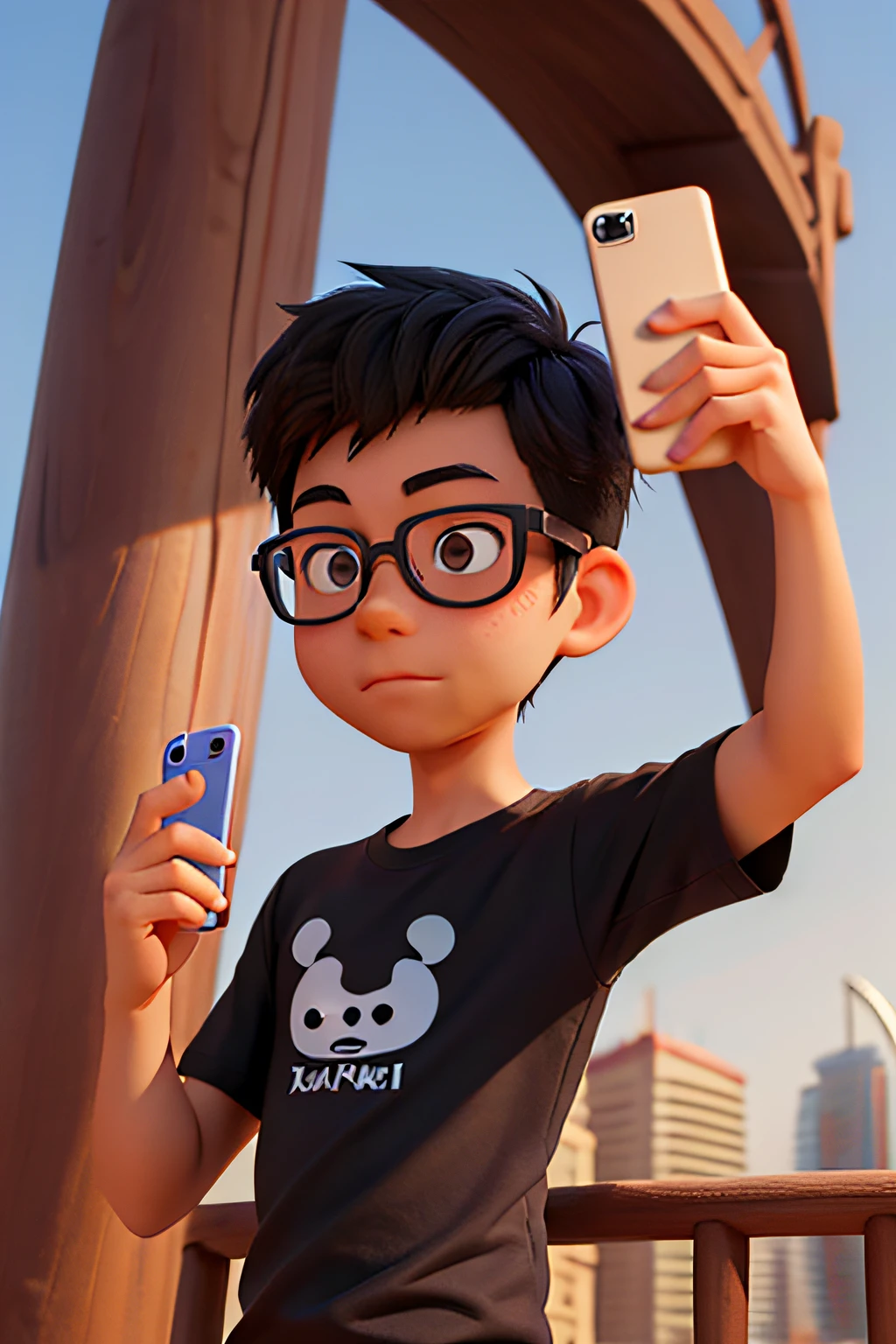 disney pixar, 27 years old, with cool nerdy glasses and goatee, a thin filipino boy, web developer, with black shirt, selfie in dubai