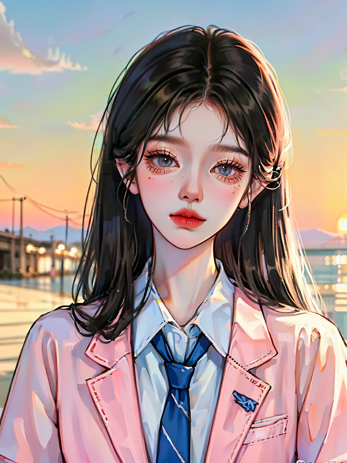 Wearing a pink dress、Allard woman in white shirt and gray jacket, in school uniform, ulzzangs, Korean girl, cute female student, in school uniform, Beautiful Anime High School Girls, sakimichan, wearing a shirt with a tie, japanese girl school uniform, JK school uniform, Realistic schoolgirl, Surrealism female students