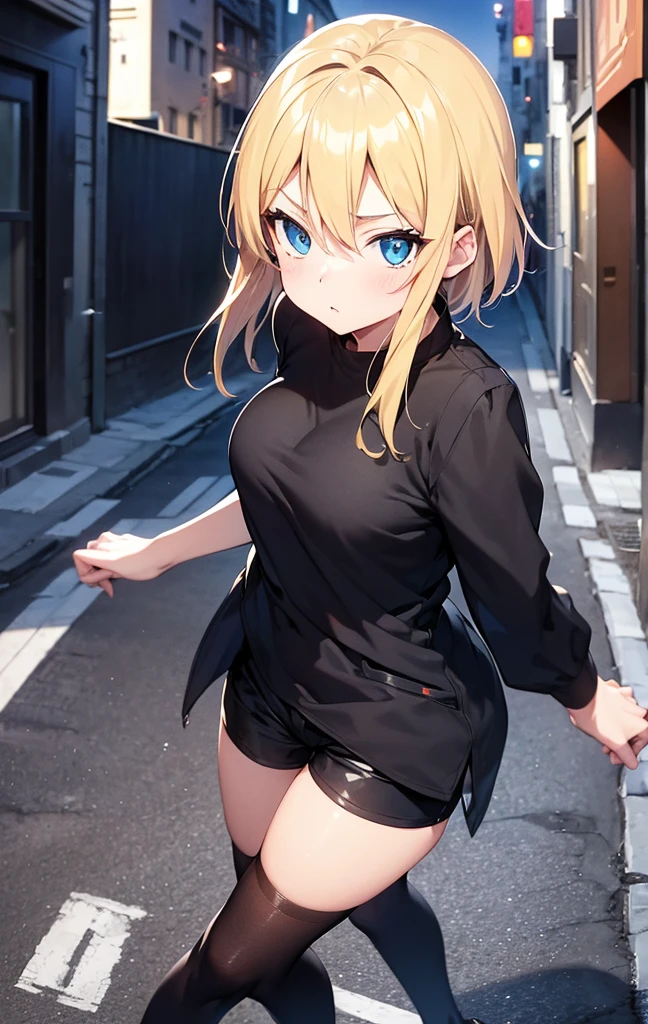 An ultra-high picture quality,2D Anime Style、Beautiful blue eyes,(Talented lo-fi:1.3),breasts are slightly larger、short blond hair,A cool adult woman with a crisp expression,Street fashion style,Black tops,Black shorts,Wear black tights,Wear a long black coat,walking in city,European-style cityscape,
