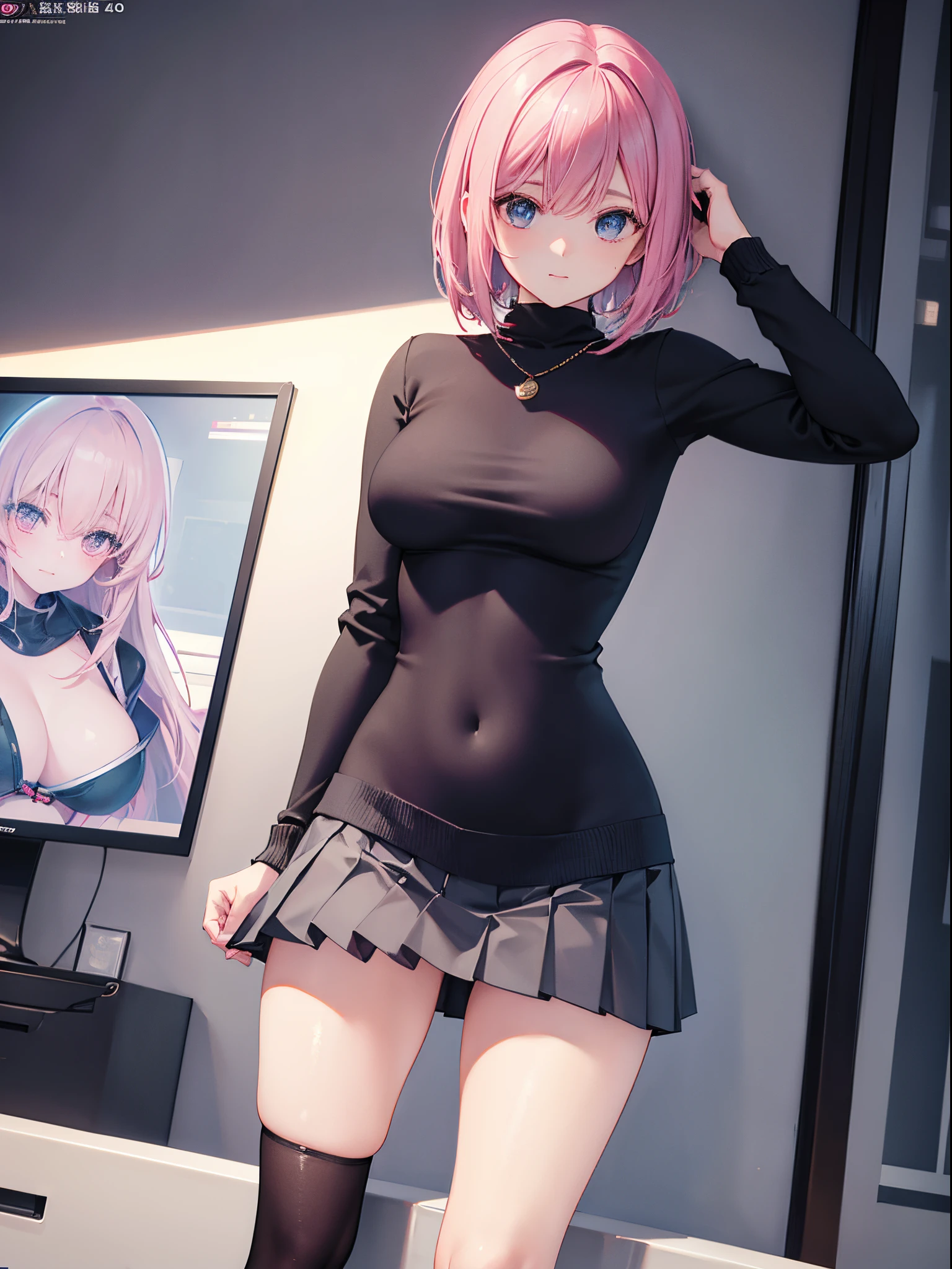 A woman wearing a pink sweater and a white pleated skirt, with black stockings on her legs, exposing her abdomen. She has a great figure, but her head is not visible. (best quality,4k,realistic),(best quality,4k,realistic)!!,[ 4K digital art ]!! perfect figure with realistic shadows, extremely detailed art style, realistic anime, by Shitao, popular topic on cgstation, casual posture, realistic anime 3D style