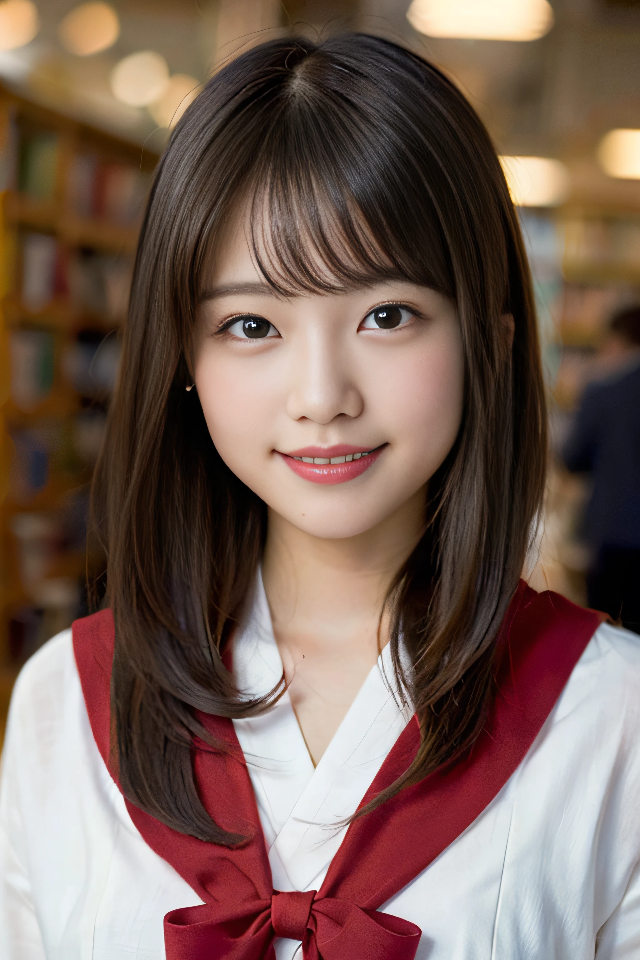 (8K、Raw photography、top-quality、masterpiece:1.2)、(realisitic、Photorealsitic:1.37)、ultra-detailliert、超A high resolution、女の子1人、see the beholder、beautifull detailed face、A smile、Constriction、(Slim waist) :1.3)、Beautiful detailed skin、Skin Texture、Floating hair、Professional Lighting、Whole human body、a blond、japanese hight school uniform、a sailor suit、matriculation、short-cut、Bob Hair、E-cup、Happy smile、sixteen years old、Red ribbons、a baby face、Childish smile、Suppin、Moisturizing lips、Thin pink lips、atlibrary、Lots of books
