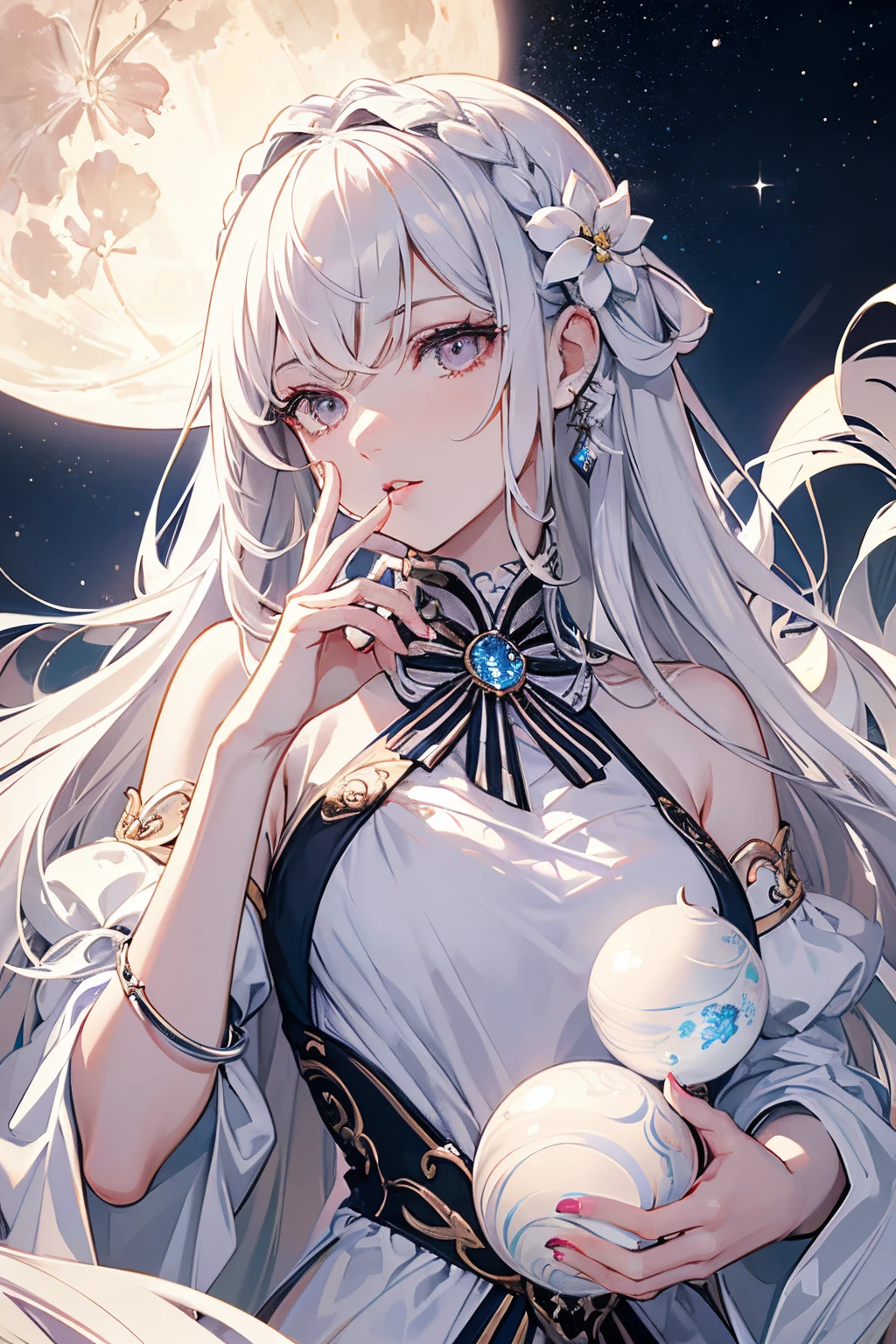 Masterpiece, Excellent girl, Night Moon Full Moon, 1 Female, Mature woman, sister, royal sister, cool face, expressionless, Silvery-white long-haired woman, light pink lips, Calm, intellectual, Three-striped gray eyes, Killer Short Knife, Flower ball background, hand details, Finger details, details face, eye details,