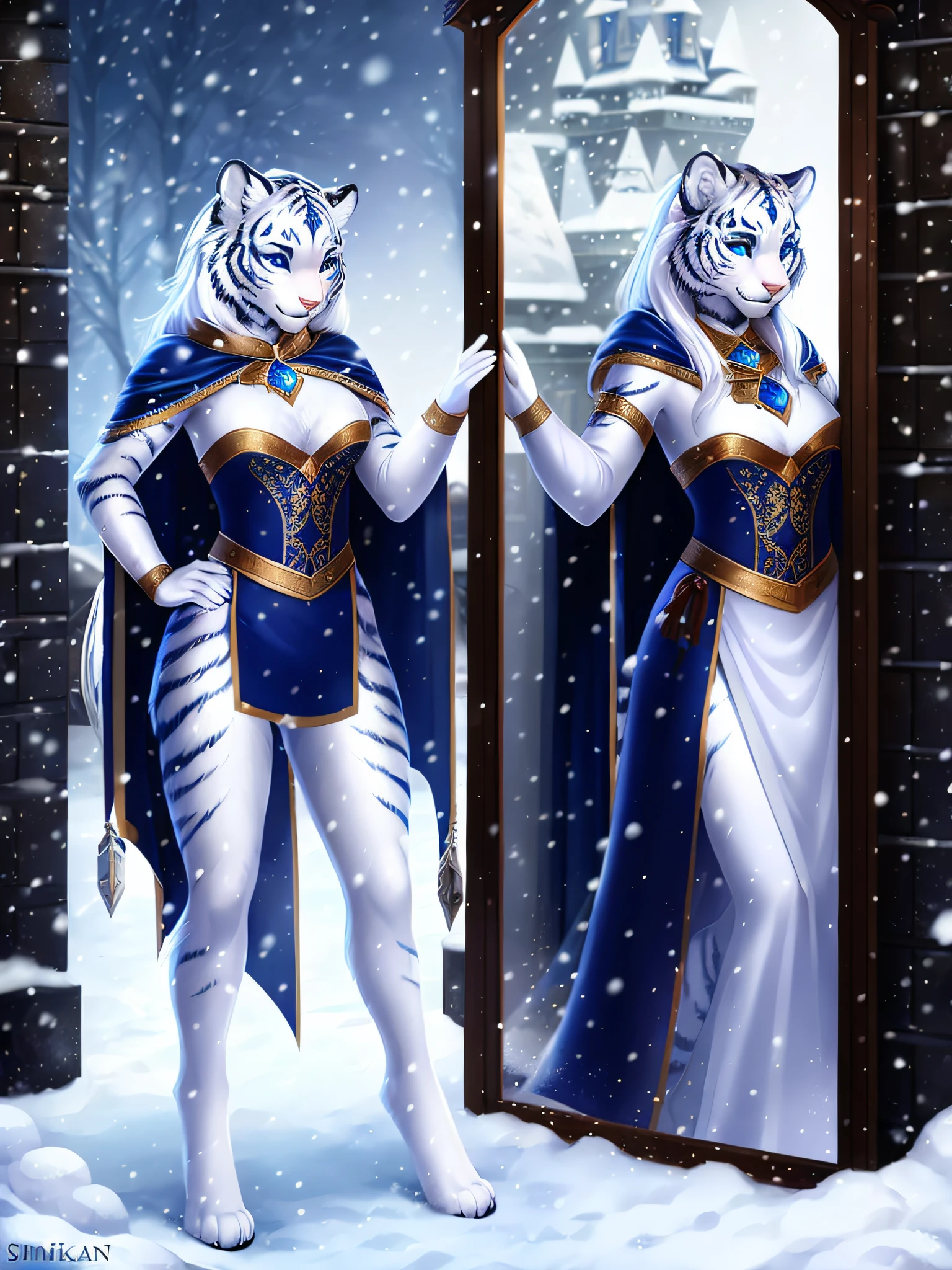 Furry white tiger woman stands on the street of a snowy castle, wearing shining armor (armor with a mirror surface) and a fur cape, winter, snowing, Medieval times, fantasy, white tiger woman, (Women - White Tiger), (Furry), Sakimichan art, white and black palette