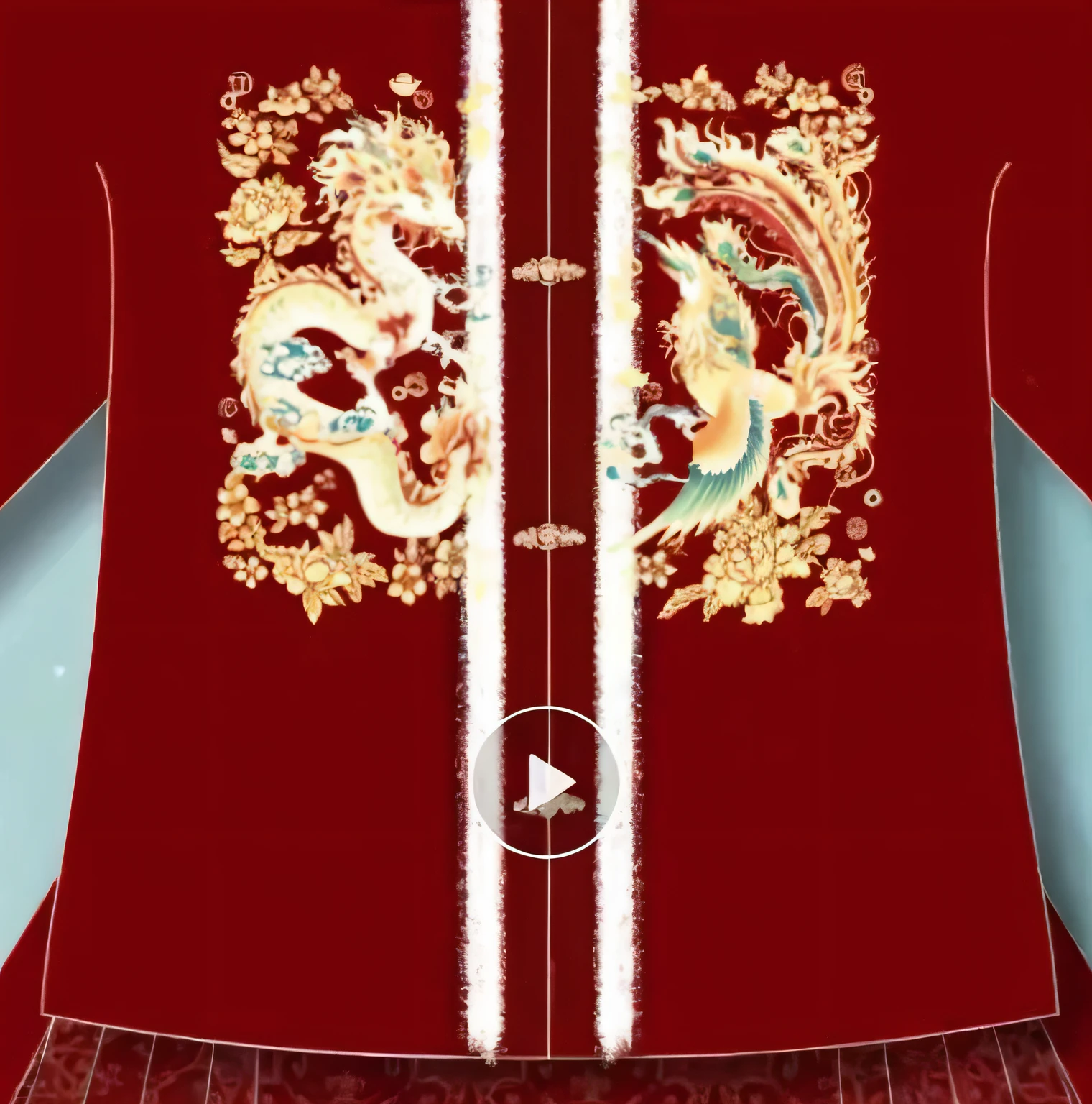 Close-up of red and gold oriental rug,There are two birds on it,Dragonweave Robe,china silk 3d dragon,Chinese,Inspired by Puhua,Chinese dragon battle,ancient chinese ornate,chinoiserie pattern,ancient china art style,In line with ancient Chinese aesthetics,traditional chinese textures,Complex and gorgeous anime CGI style,phoenix dragon