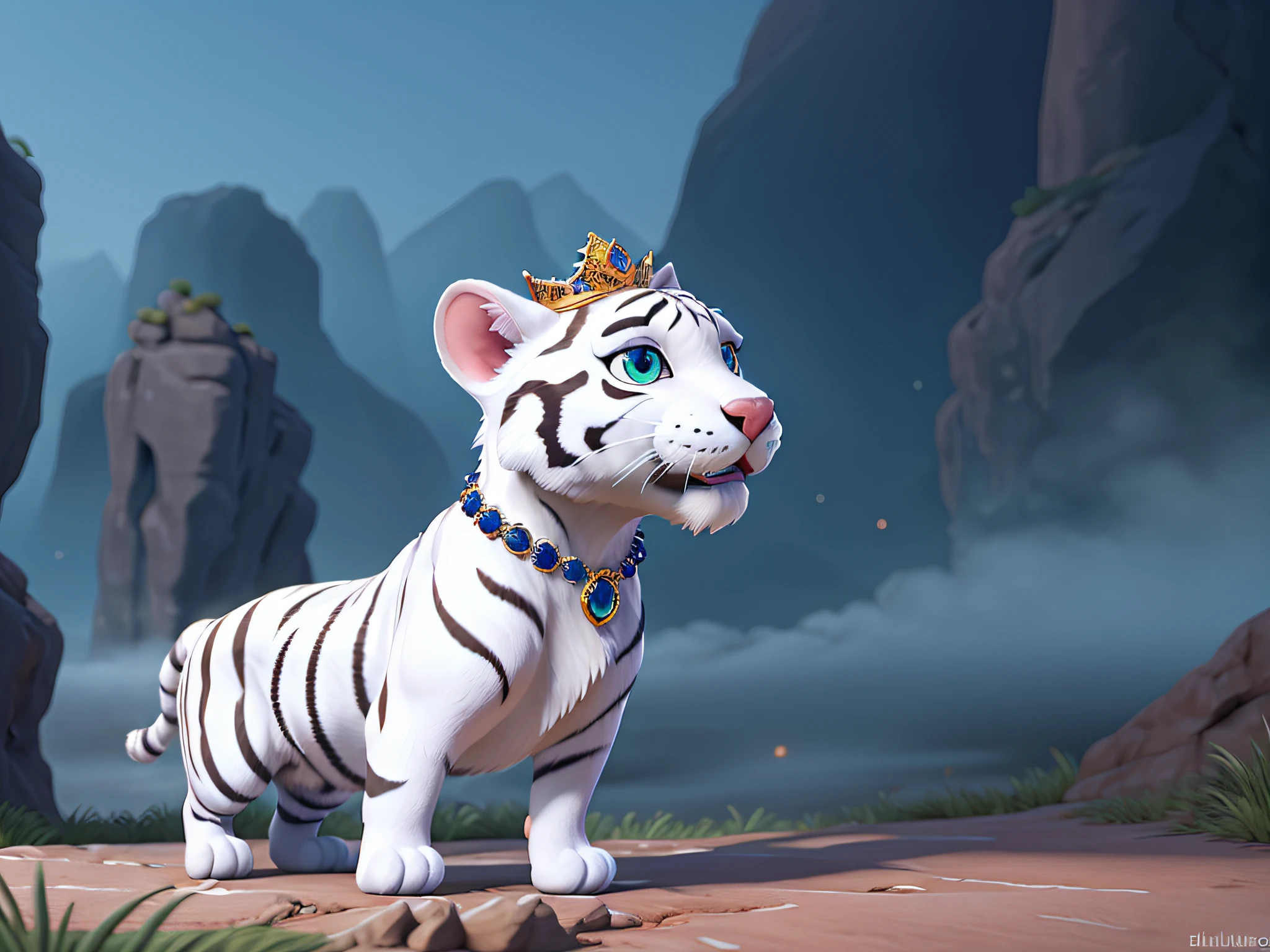 White Tiger, elegant, Wear a sapphire necklace, Wears a sapphire crown on his head, facing camera, Highly detailed, digitalpainting, Art Stations, ConceptArt, sharp-focus, High depth of field, 3D, Octan Render, illustartion, 8K, volumetric fog, full color, ray traced, Scenic view