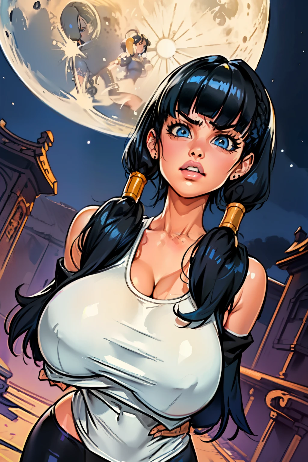 Waifu, masterpiece, curvy, breasts, moon, full moon, gloves, 1girl, clenched teeth, videl, cleavage, large breasts, teeth, ((straight black hair)), ((white top:1.3)), blue eyes, rating:explicit,rule34, hardcore, tits,clenched hands, night, sky, ((side bangs:1.4)), (white skin:1.5), bare shoulders, blue hair, clenched hand, rating:questionable, ((low twintails:1.5)), ((black tight shorts)), solo, angry, lip biting(gigantic and massive tits:1.1), breasts, official illustration, illustration, detailed face, beautiful intricate eyes,1:2), titsnipples