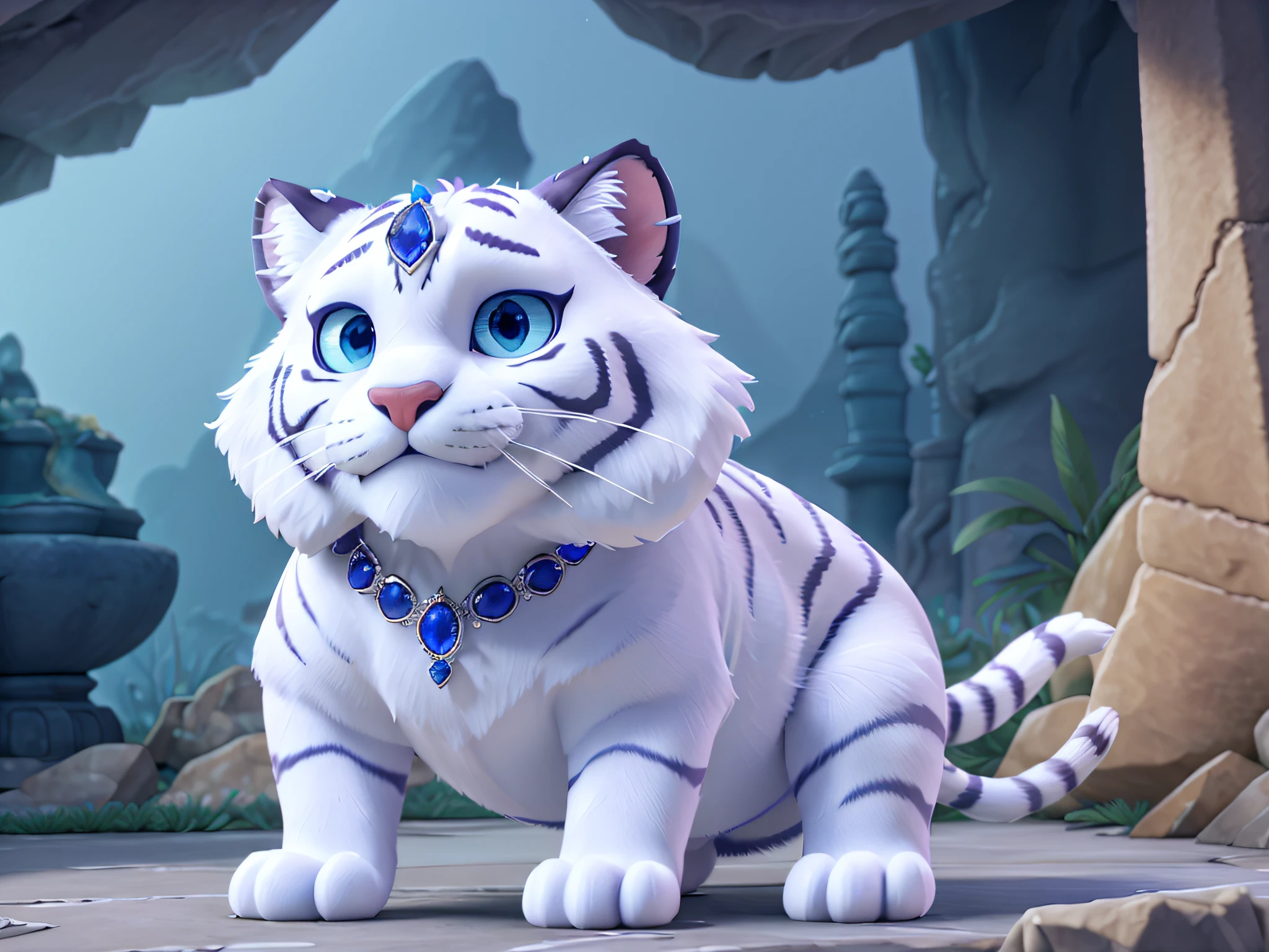 White Tiger, elegant, Wear a sapphire necklace, Wears a sapphire crown on his head, facing camera, Highly detailed, digitalpainting, Art Stations, ConceptArt, sharp-focus, High depth of field, 3D, Octan Render, illustartion, 8K, volumetric fog, full color, ray traced, Scenic view