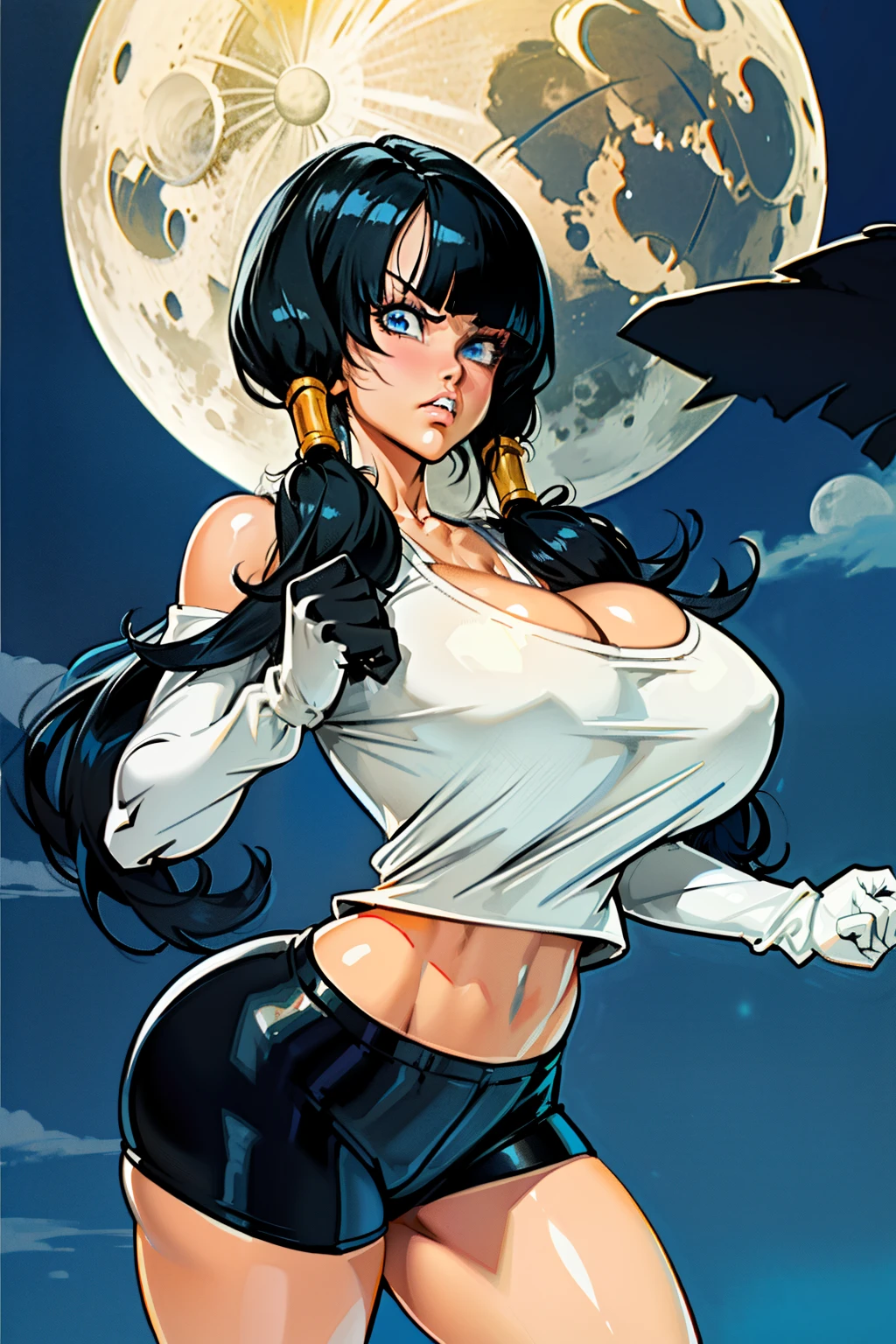 Waifu, masterpiece, curvy, breasts, moon, full moon, gloves, 1girl, clenched teeth, videl, cleavage, large breasts, teeth, ((straight black hair)), ((white top:1.3)), blue eyes, rating:explicit,rule34, hardcore, tits,clenched hands, night, sky, ((side bangs:1.4)), (white skin:1.5), bare shoulders, blue hair, clenched hand, rating:questionable, ((low twintails:1.5)), ((black tight shorts)), solo, angry, lip biting(gigantic and massive tits:1.1), breasts, official illustration, illustration, detailed face, beautiful intricate eyes,1:2), titsnipples