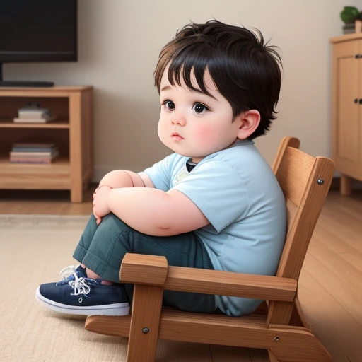 A small chubby boy is sitting on a wooden chair and watching TV