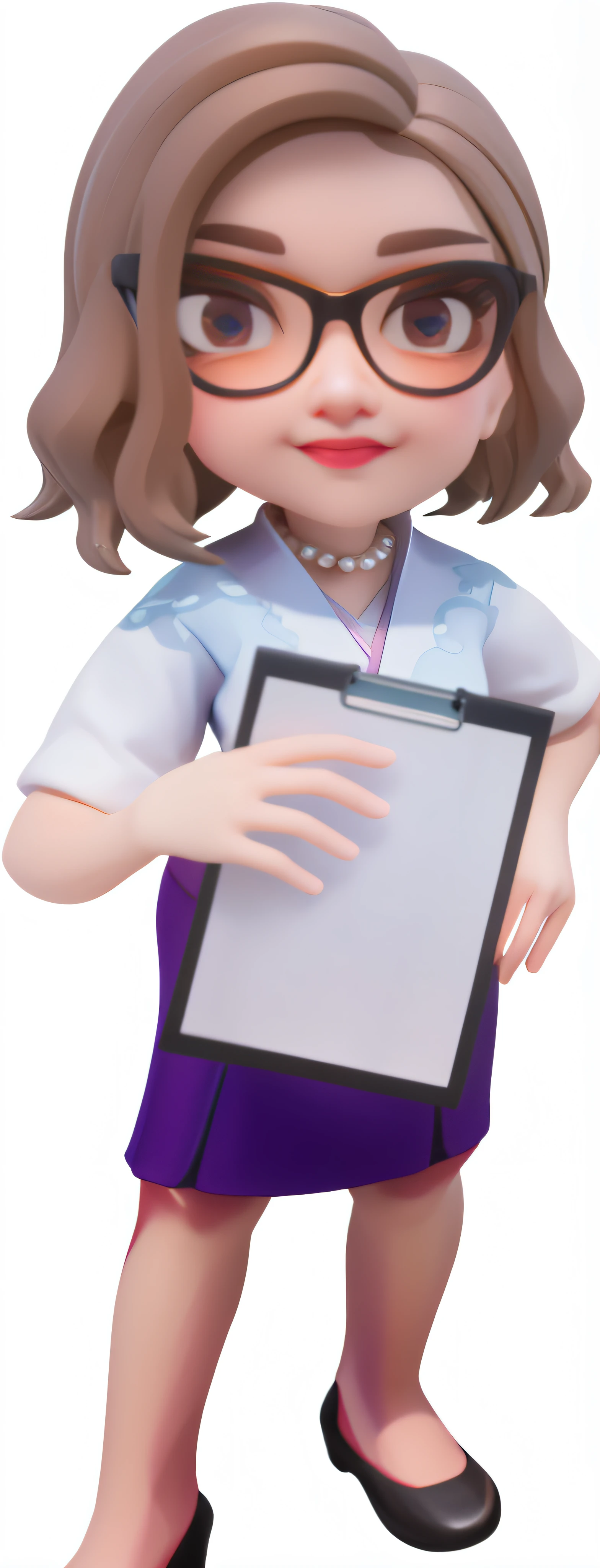 (Daisaku),(need),(Super meticulous),(Full body lesbian:1.2),(beautiful detailed face),(beautidful eyes), Cartoon woman wearing glasses holding clipboard, With pearl necklace, White color blouse, Character posing, Inspired by PwC, inspired by plum trees, Inspired by Zhu Lian, stylized 3d, Inspired by Lanying, close up character, stylized characters, stylized as a 3d render, Inspired by Wu Li, Mirabell Idyll renderings