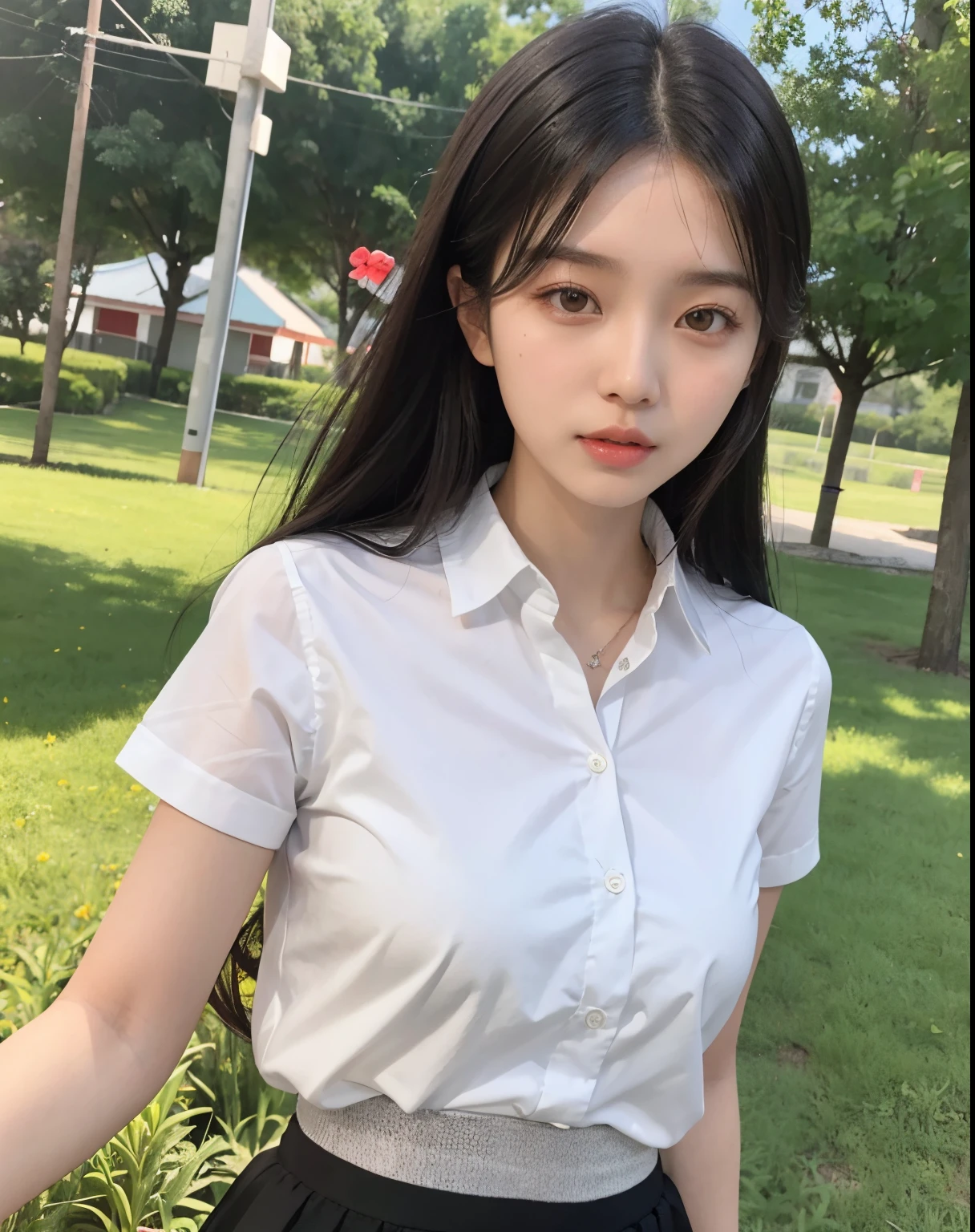 White collared shirt,jeans,Park,On the lawn,Close up face,One woman,masutepiece, The highest image quality, High quality, the background is clear,Beautiful woman, Japanese,Ultra-detailed, finely detail, hight resolution, 8K Wallpaper, Perfect dynamic composition, Beautiful detailed eyes , Detailed, Detailed eyes, Detailed skin, Beautiful skin, 超hight resolution, (reality: 1.4),Very beautiful woman, Slightly younger face, Beautiful skin, slender, (Ultra photo realsisim), (hight resolution), (8K), (Very detailed) (beautifully detailed eyes), (super detailed), (Detailed face), view the viewer, Fine details, Detailed face, Staring straight ahead, Staring straight ahead, photos realistic, Bright lighting, Professional Lighting, Black hair,poneyTail,a baby face,fourteen years old,Hairstyle: ponytail,Long ponytail hairstyle,slight smile,neat and tidy clothing,Beautiful Japanese KPOP idol photo, hair style is ponytail, my eyes are double and wide, baby face, smile and look straight ahead, slender, small breasts,Close up face,