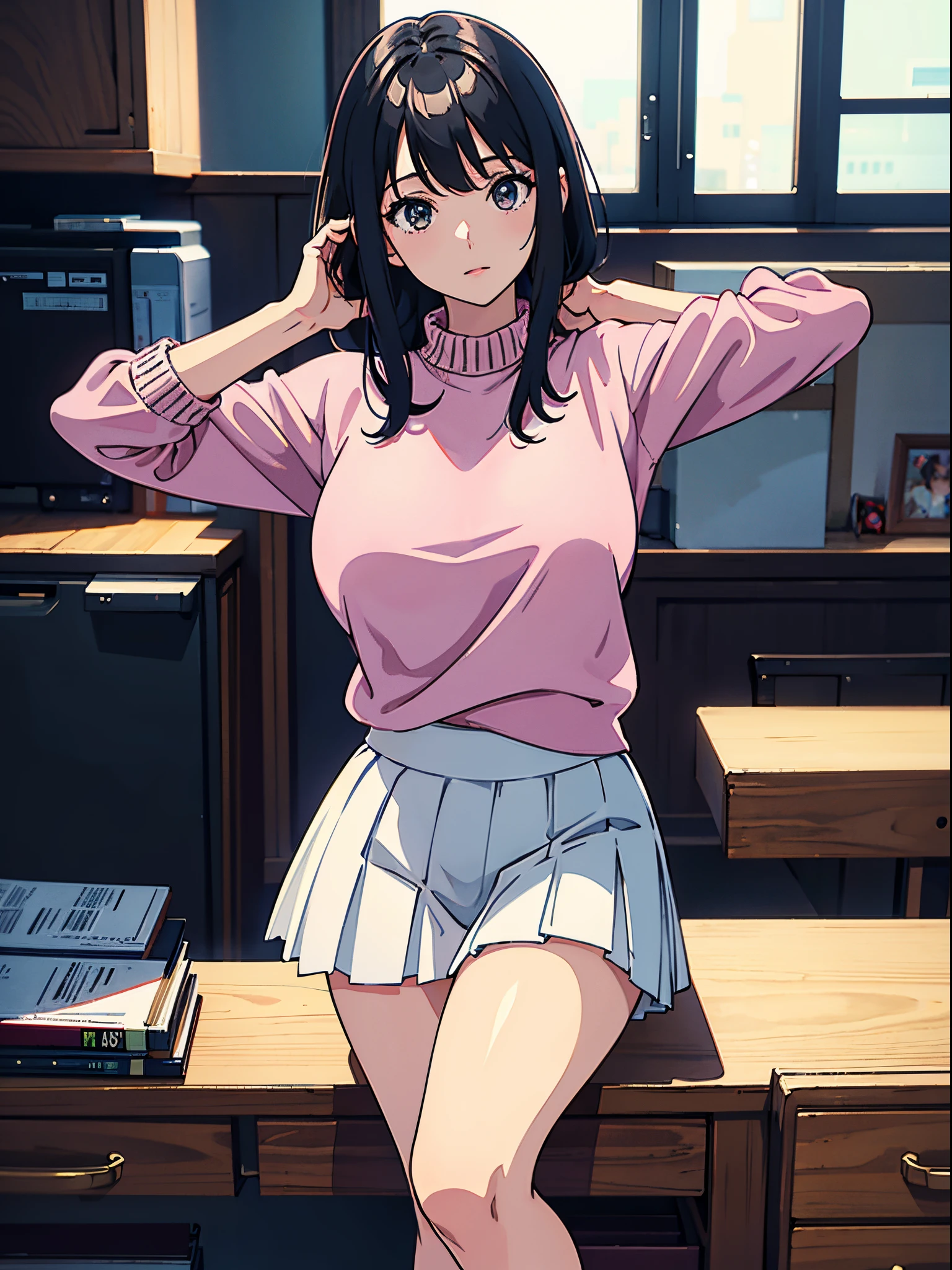 A woman wearing a pink sweater and a white pleated skirt, with black stockings on her legs, exposing her abdomen. She has a great figure, but her head is not visible. (best quality,4k,realistic),(best quality,4k,realistic)!!,[ 4K digital art ]!! perfect figure with realistic shadows, extremely detailed art style, realistic anime, by Shitao, popular topic on cgstation, casual posture, realistic anime 3D style