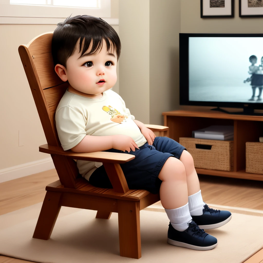 A  chubby boy is sitting on a wooden chair and watching TV