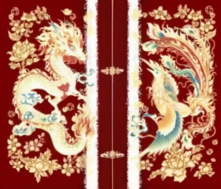 Close-up of red and gold oriental rug，There are two dragons on it, Dragonweave Robe, china silk 3d dragon, Chinese traditional, Chinese dragon battle, ancient china art style, In line with ancient Chinese aesthetics, Chinese, ancient chinese ornate, chinoiserie pattern, traditional chinese textures, Inspired by Puhua, traditional chinese art, Complex and gorgeous anime CGI style