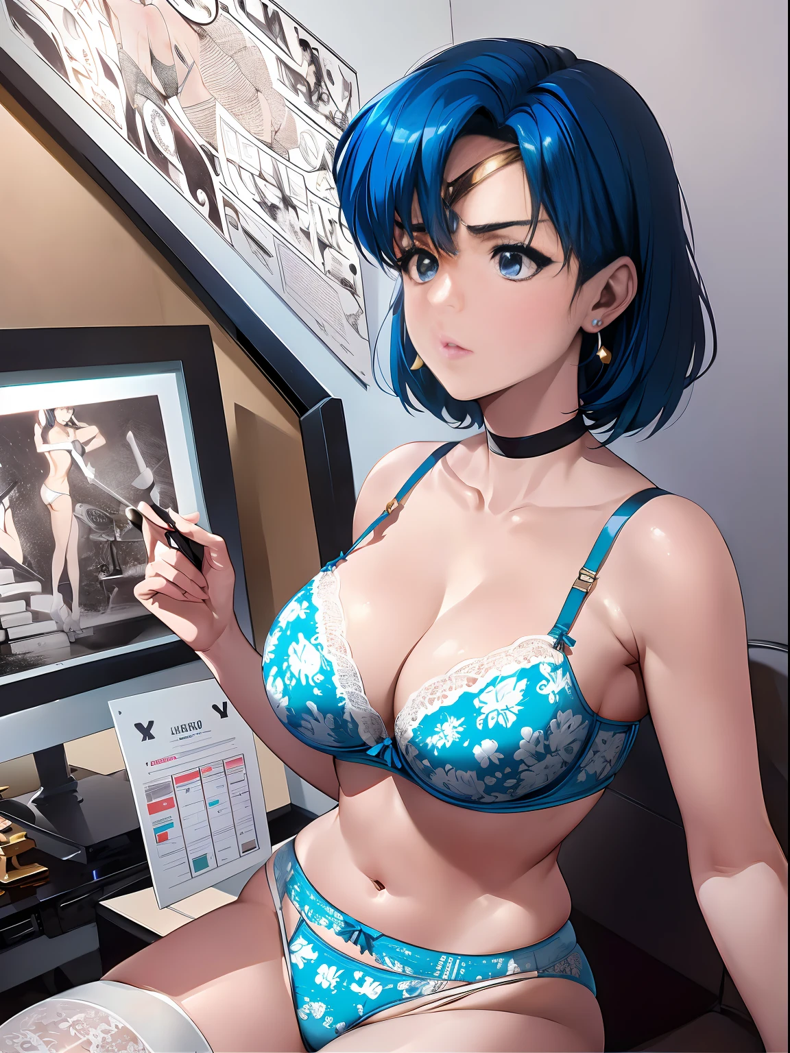 (Alone, 1个Giant Breast Girl), (absurd res, A high resolution, offical wallpaper, poster for), (tmasterpiece, Best quality at best:1.2), (illustratio, actual), (Perfect details, The most detailed, extremely detaile), Dramatic light, Ami Mizuno, (Sailor Mercury, Neck strap, Blue hair, short detailed hair, cirque, jewely, Crescent earrings), ((Printed underwear), (Printed bra), (Printed panties), White stockings, Garter belt), (chess, sitted, Chess pieces), (sitted, Serious, )