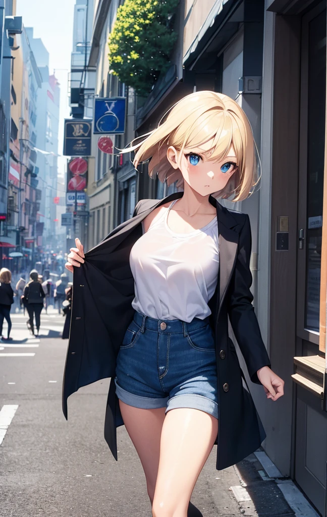 An ultra-high picture quality,2D Anime Style、Beautiful blue eyes,(Talented lo-fi:1.3),breasts are slightly larger、short blond hair,A cool adult woman with a crisp expression,formal fashion style,White tops,Short pants,Wear black tights,Wear a long black coat,walking in city,European-style cityscape,