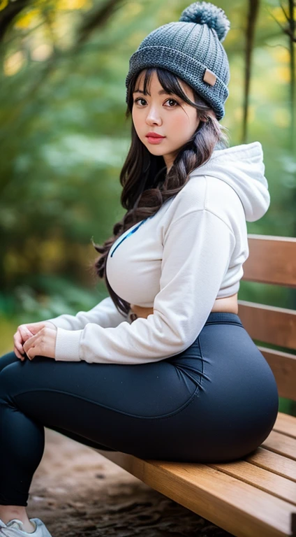Beautiful sensual woman with a curvy body, long hair, bangs, french braid, wide waist, fitting breasts, curvy accentuated booty, sparkling eyes, long eyelashes, Strong calves, shy Look, taniaayusiregar, hoodie, leggings, sneakers, beanie, sitting on a bench, standing in a snowy forrest, looking up, evening in Winter, photorealistic, Masterpiece, bokeh, Volumetric lighting, winter season atmosphere, low angle shot