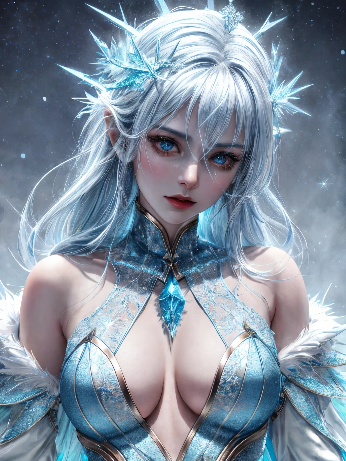 generate a celestial and colorful petite ice angel. her eyes should be beautifully detailed, extremely detailed, realistic, macro, and bright. her face should be fierce and dynamic. include a highly detailed and beautiful face with realistic eye shading. her clothes are long and flowing and made of silk and lace and pearls. include frosty details such as snow, wind, snowflakes, cold air, and night sky. include phantasmal iridescence, shimmer, glimmer, and bumps, as well as beautiful and intricate fantasy details. this is a magical and high fantasy image. cold, frost, frost on image, frost on camera, frost on figure, intricate snowflakes ((masterpiece)), best quality, high quality, highres, intricate details, portfolio piece, bryan organ, matte, trending on art station, in the style of greg rutkowski, include magical ice creature, use shades of blue, include fur, (dynamic composition), (highly detailed), ornate, ultra detailed, detail enhancements, magical details, fantasy vibes