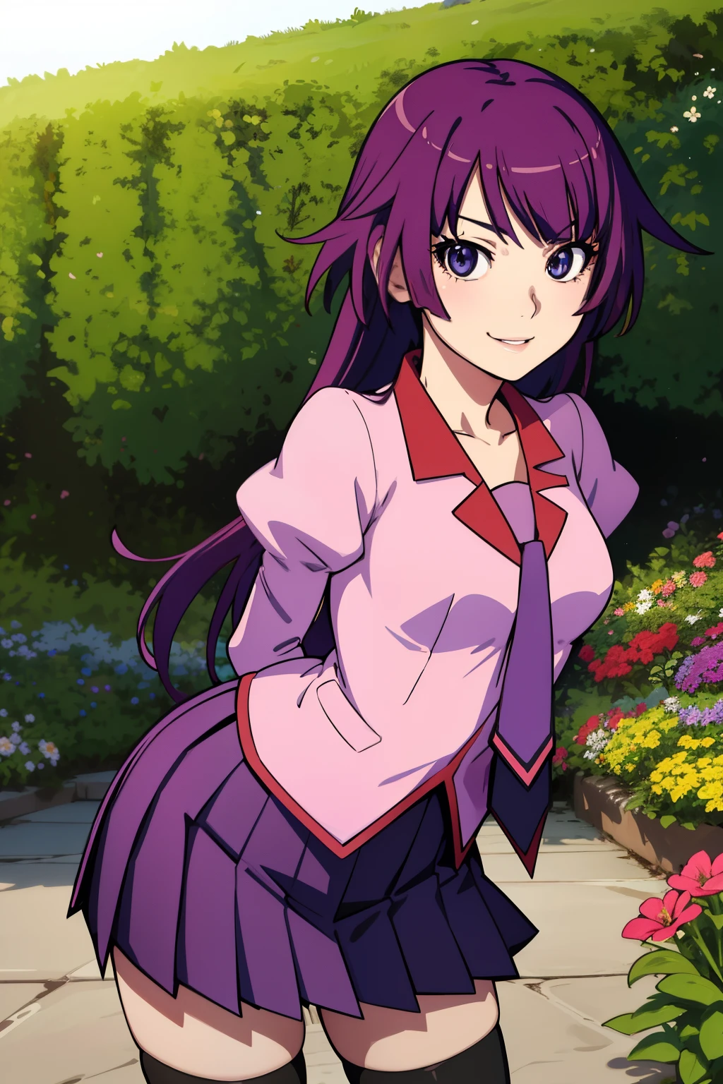 masterpiece, best quality, highres, detailed face, face focus, anime coloring,
garden, flowers, cowboy shot, smile, daylight,
1girl, solo, looking at viewer, leaning leaning forward, hands arms behind back, 
hitagisenjougahara, long hair,  medium breasts, bangs, senjougahara hitagi,
thighhighs, long sleeves, pink shirt, school uniform, pleated skirt, necktie, puffy sleeves, black thighhighs, zettai ryouiki, juliet sleeves, naoetsu high school uniform