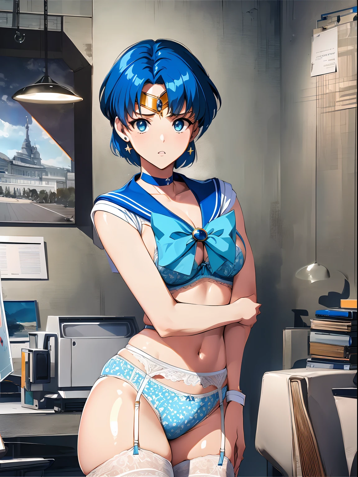 (Alone, 1个Giant Breast Girl), (absurd res, A high resolution, offical wallpaper, poster for), (tmasterpiece, Best quality at best:1.2), (illustratio, actual), (Perfect details, The most detailed, extremely detaile), Dramatic light, Ami Mizuno, (Sailor Mercury, Neck strap, Blue hair, short detailed hair, cirque, jewely, Crescent earrings), ((Printed underwear), (Printed bra), (Printed panties), White stockings, Garter belt), (chess, sitted, Chess pieces), (sitted, Serious, )