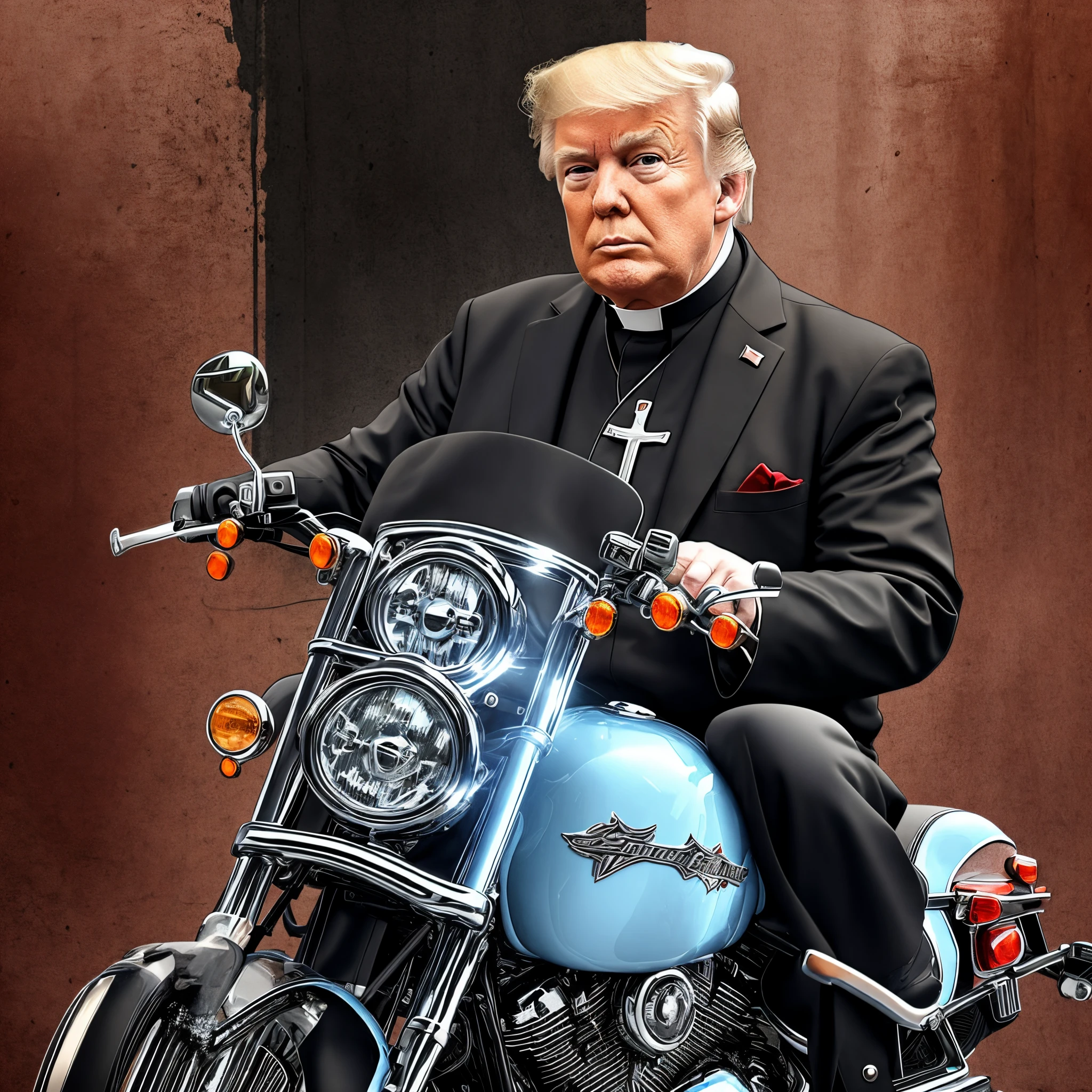 imagine former president Donald ?????, in a priest's cassock, on top of a Harley Davidson motorcycle, realistic style, 4k --auto --s2