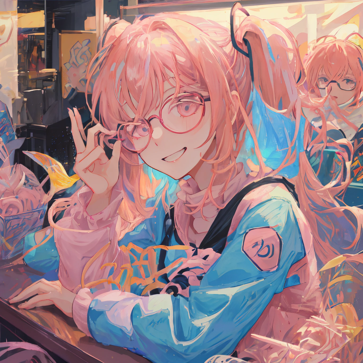 anime girl with pink hair and glasses sitting at a table, !!wearing glasses!!, anime moe artstyle, with index finger, cute anime girl, kawaii realistic portrait, with glasses, (anime girl), with glasses on, cute kawaii girl, cute anime girl portraits, cute slightly nerdy smile, in an anime style, anime style portrait, anime visual of a cute girl