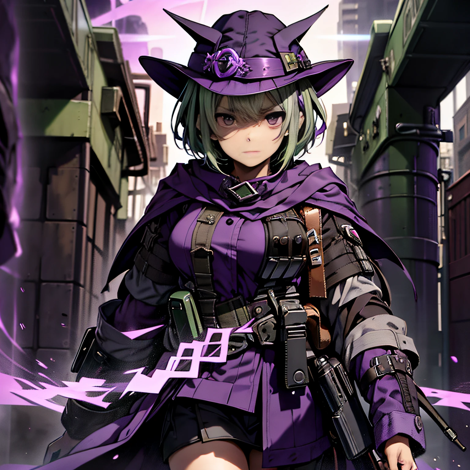 top-quality、extremely delicate and beautiful、(A )、Purple Eye、Purple eyes、Green hair、short-haired、(purple witch hat)、Purple tie、Soio、shortsleeves、Purple skirt、Tactical Vest,Purple Wizard Robe、Have a submachine gun、Navel、is standing、Facing the front、Expression of hatred、Dark background