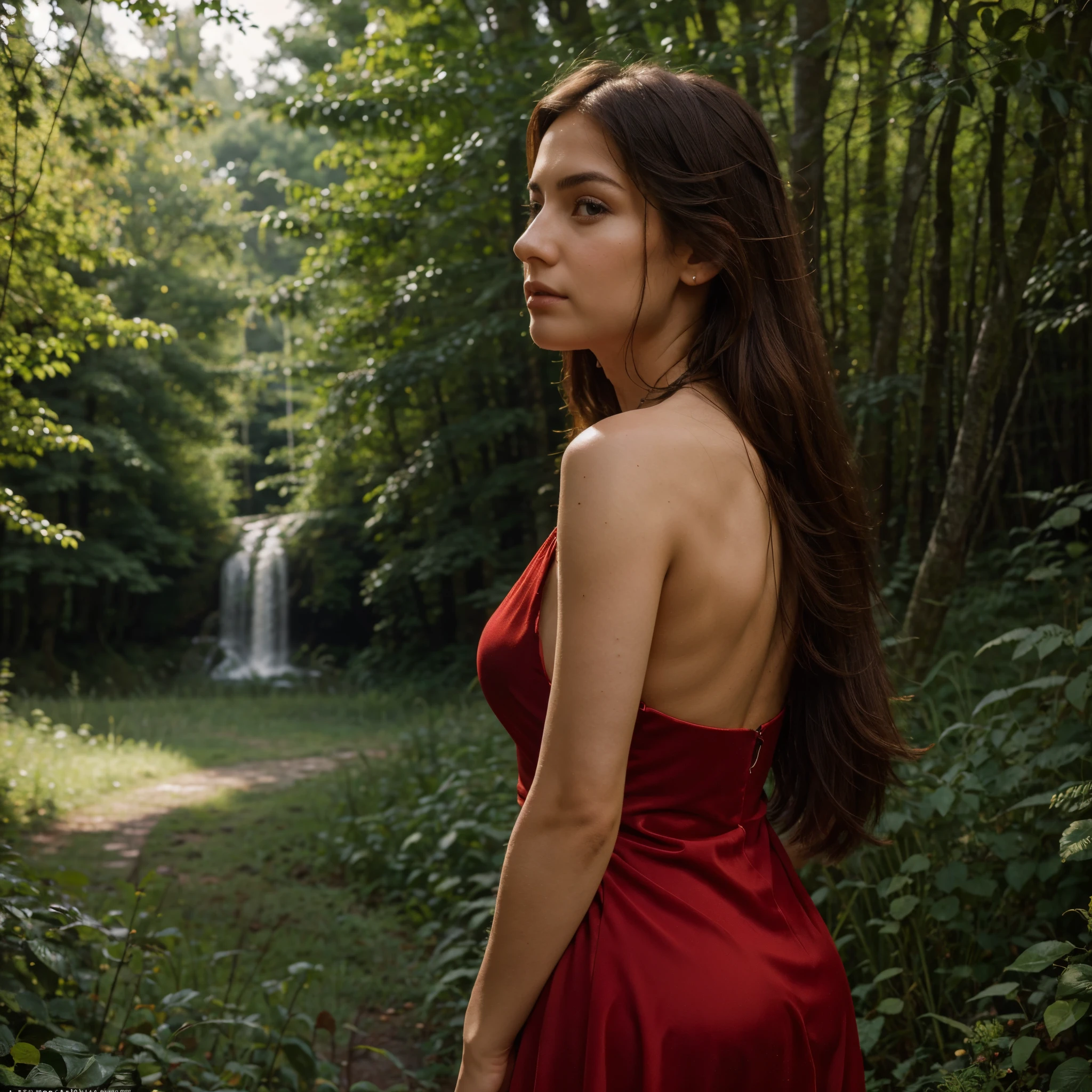 Generate a 1:1 photorealistic profile picture of a italian female of {23} years old. The person should have a calm expression, and be posed {Looking Over the Shoulder: Creates a sense of mystery or allure.). They should be wearing (red dress). Pay attention to realistic details in hair, including length, color, and style. The background should be {Lush Forest: Implies a love for nature and adventure.), complementing the overall scene. Ensure that the lighting is natural and harmonizes with both the subject and the background, creating a cohesive and visually appealing profile picture that could be mistaken for a professionally taken photo graph.