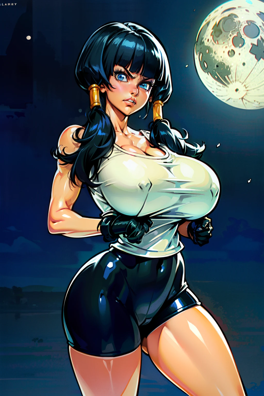 Waifu, masterpiece, curvy, breasts, moon, full moon, gloves, 1girl, clenched teeth, videl, cleavage, large breasts, teeth, ((straight black hair)), ((white top:1.3)), blue eyes, rating:explicit,rule34, hardcore, tits,clenched hands, night, sky, ((side bangs:1.4)), (white skin:1.5), bare shoulders, blue hair, clenched hand, rating:questionable, ((low twintails:1.5)), ((black tight shorts)), solo, angry, lip biting(gigantic and massive tits:1.1), breasts, official illustration, illustration, detailed face, beautiful intricate eyes,1:2), titsnipples