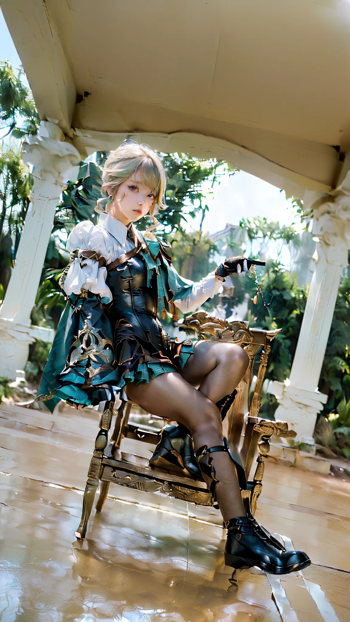 ((Lynette_Genshin Impact)),((realistic, photorealistic)),(highlight hair)), Light reflection, (( HD )), navel, detached sleeves,((upper body)), (((best quality, masterpiece))), there is a woman sitting on a luxurious chair, cosplay photo, anime cosplay, inspired by Lynette genshin impact,