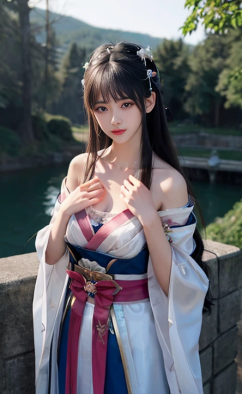 unbelievable Ridiculous,hugefilesize,ultra - detailed,Heir,Very detailed,best qualtiy,tmasterpiece,extremely delicate and beautiful,Very detailed,nffsw,solidarity,8k wallpaper,astonishing,Up to detail,tmasterpiece,best qualtiy,offcial art,Highly detailed ticker unity8k wallpaper,1 Girl Upper Body,tmasterpiece,nood,(真实感:1.4),hight resolution,Long whit hair,jewelry hairpin,breast enhancement,Rocks, temples and bridges along the river,hanstyle,Hanfu,Hanfu,see -through,Bigchest,very deep,There is a light in the chest,Looming,Very delicately beautiful,Delicate collarbones,beautiful make up,Exquisite and perfect facial features,Turn to the viewer,photon maping, Radio City, physically-based renderingt, above waist