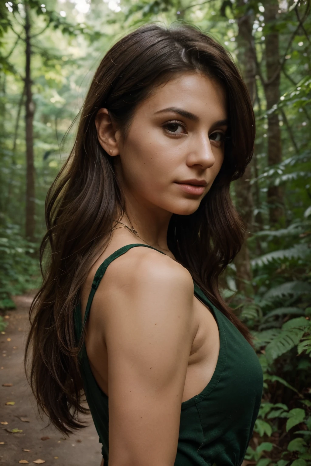 Generate a 1:1 photorealistic profile picture of a italian female of {30} years old. The person should have a Serious and Professional expression, and be posed {Looking Over the Shoulder: Creates a sense of mystery or allure.). They should be wearing (outfit) and any additional accessories like {gun}. Pay attention to realistic details in hair, including length, color, and style. The background should be {Lush Forest: Implies a love for nature and adventure.), complementing the overall scene. Ensure that the lighting is natural and harmonizes with both the subject and the background, creating a cohesive and visually appealing profile picture that could be mistaken for a professionally taken photo graph.